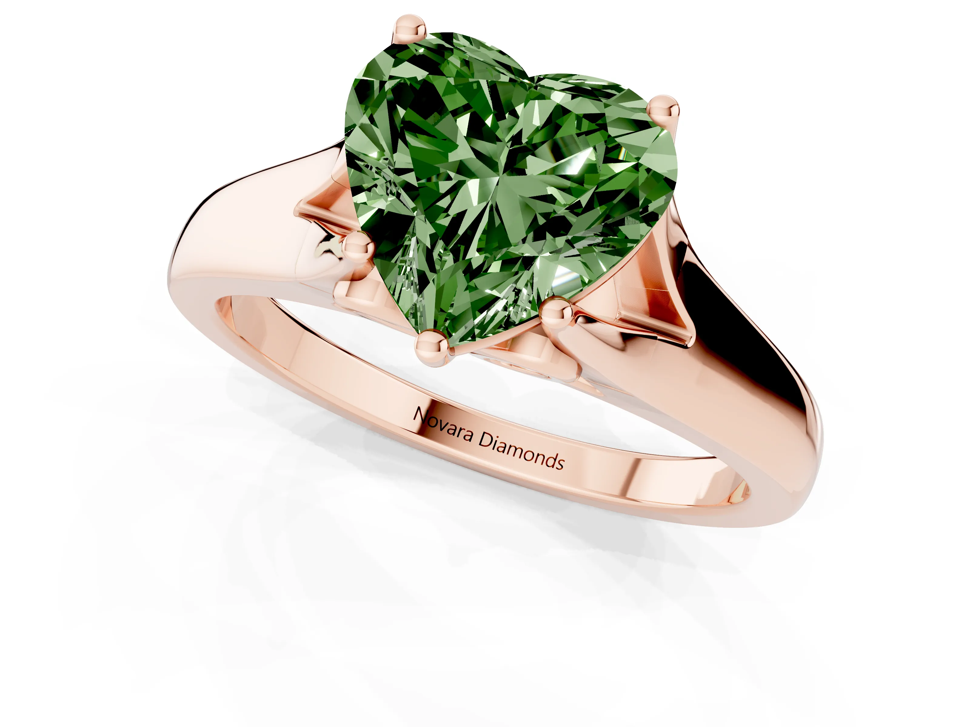 Fancy Green Heart Cut Diamond Solitaire Ring Set in Rose gold with Arched Cathedral Band and Prong Setting