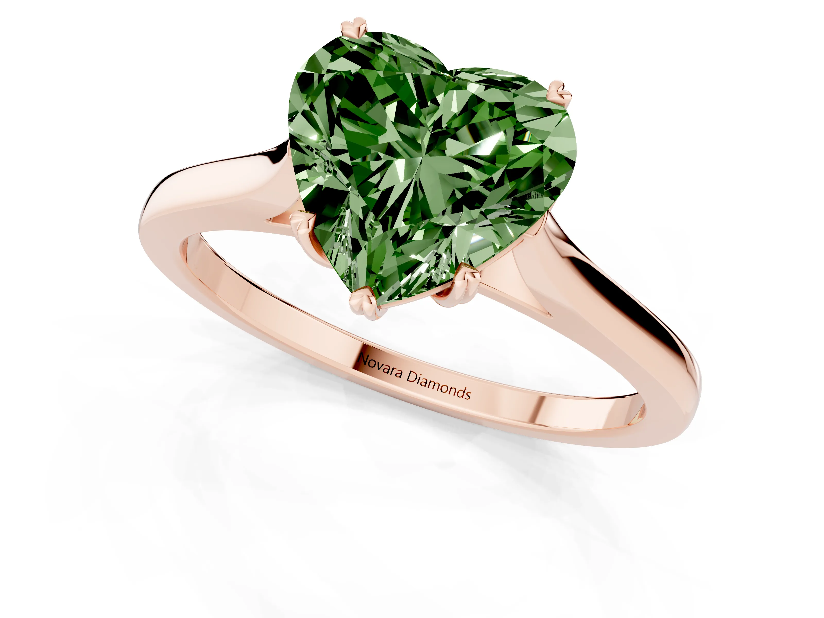 Fancy Green Heart Cut Diamond Solitaire Heart Prong Engagement Ring Set in Rose gold with Tapered Band