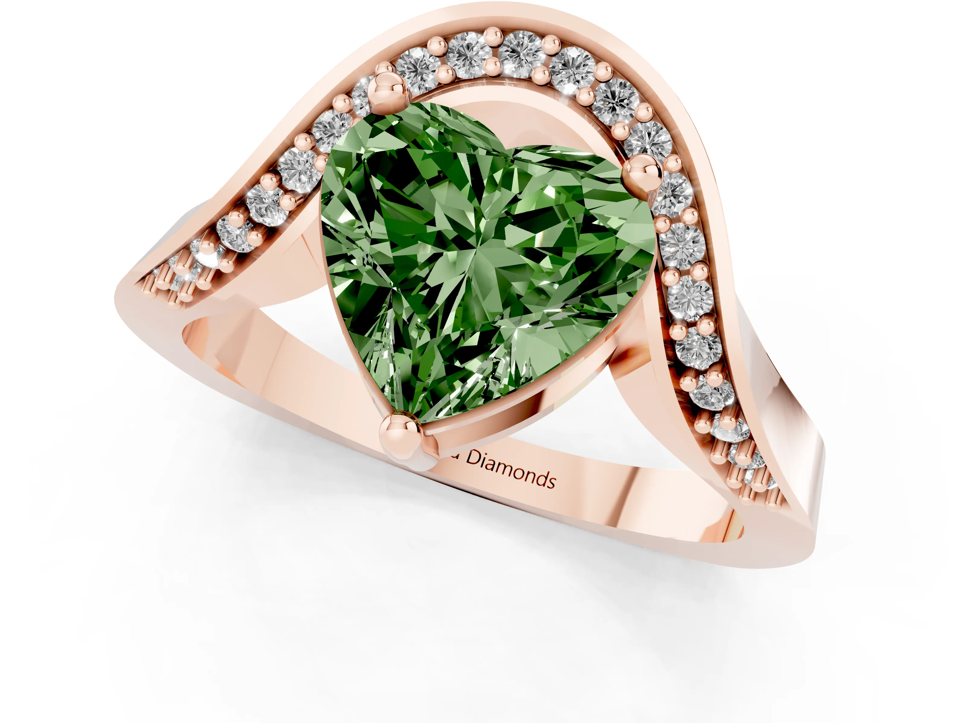Fancy Green Heart Cut Diamond Solitaire Engagement Ring Set in Rose gold with Pavé Shoulders