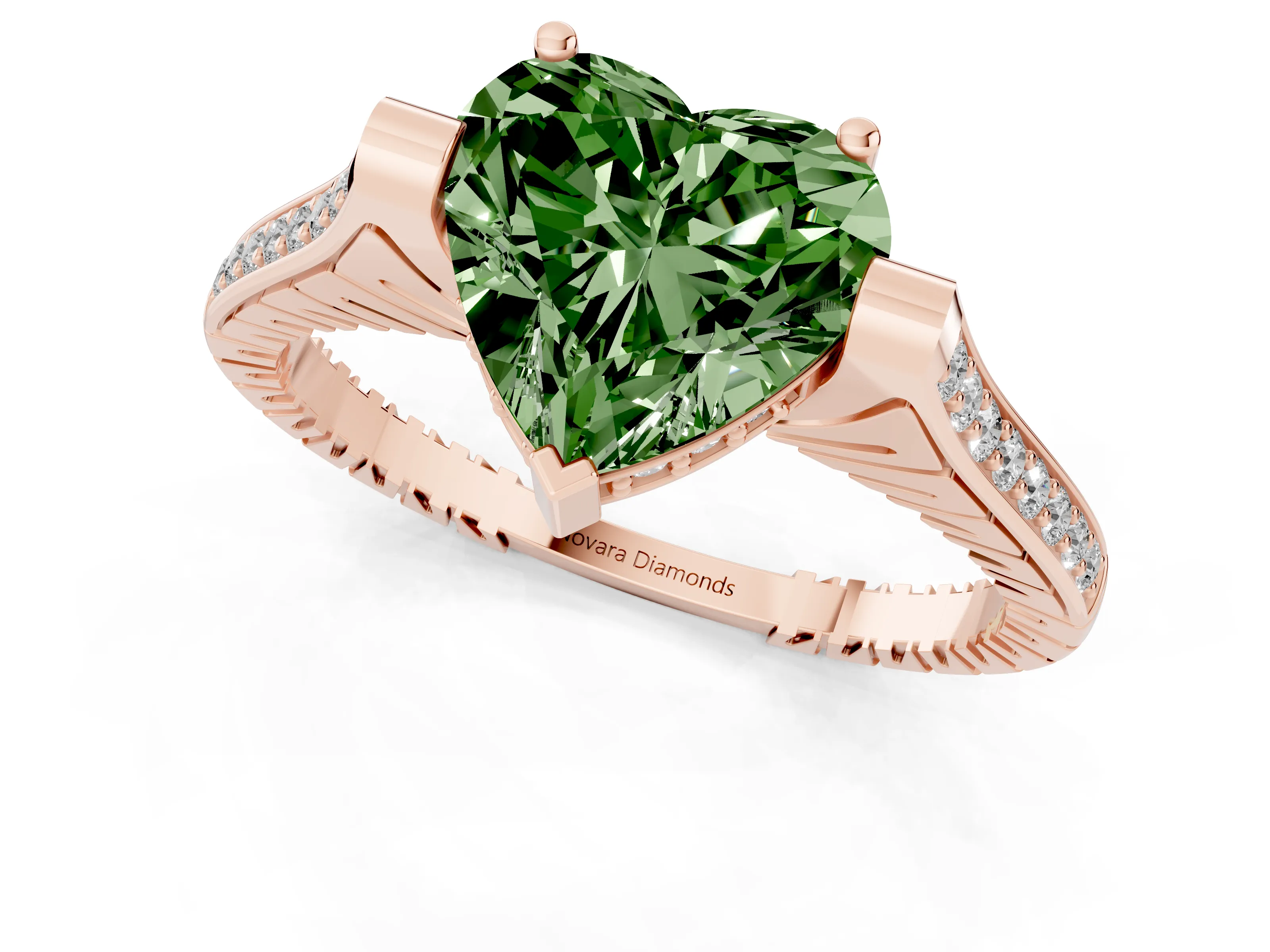 Fancy Green Heart Cut Diamond Solitaire Ring Set in Rose gold with Channel Set Band and Bezel Prong Setting