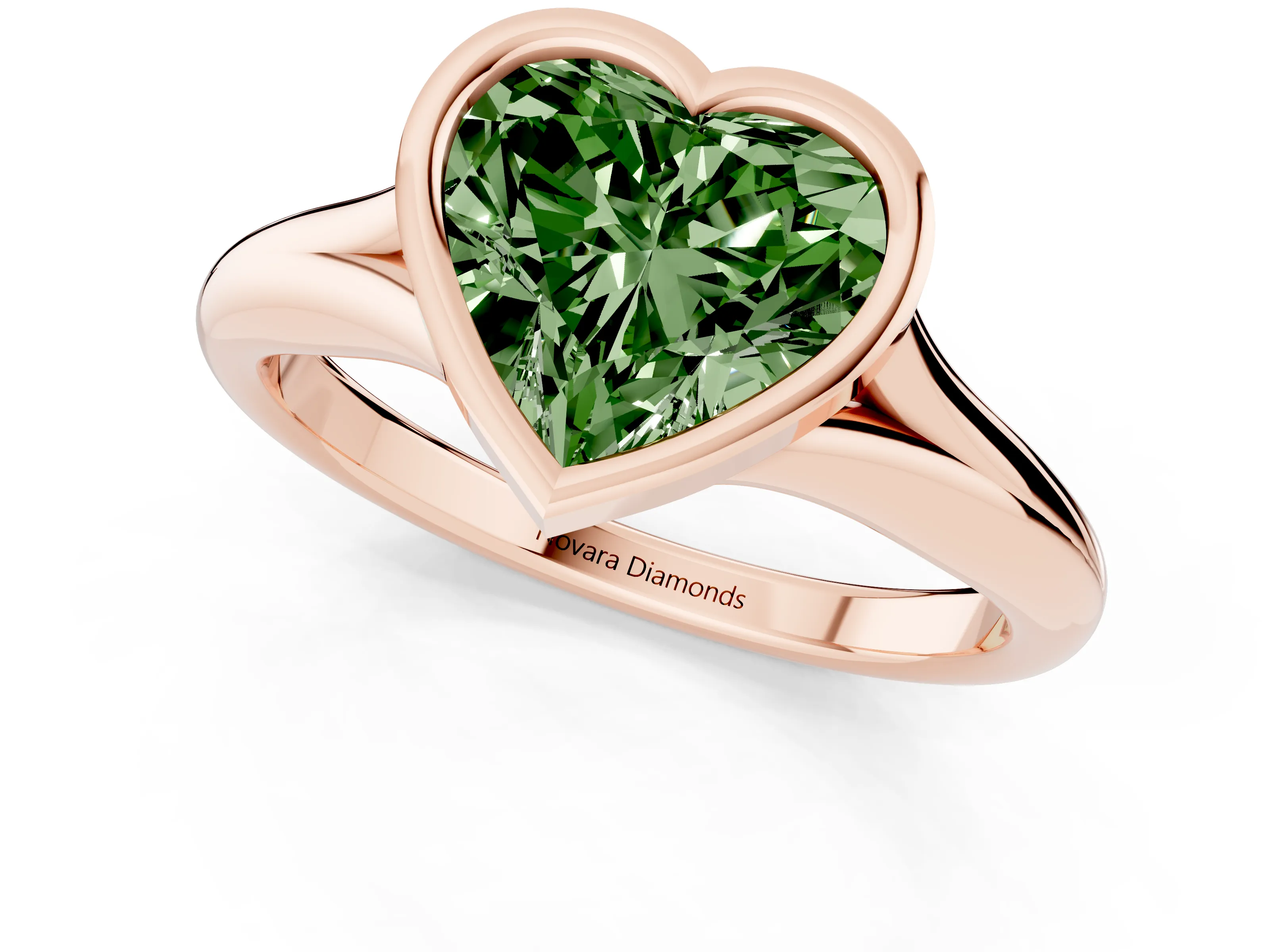 Fancy Green Bezel Set Heart Cut Diamond Solitaire Ring Set in Rose gold with Smooth Band