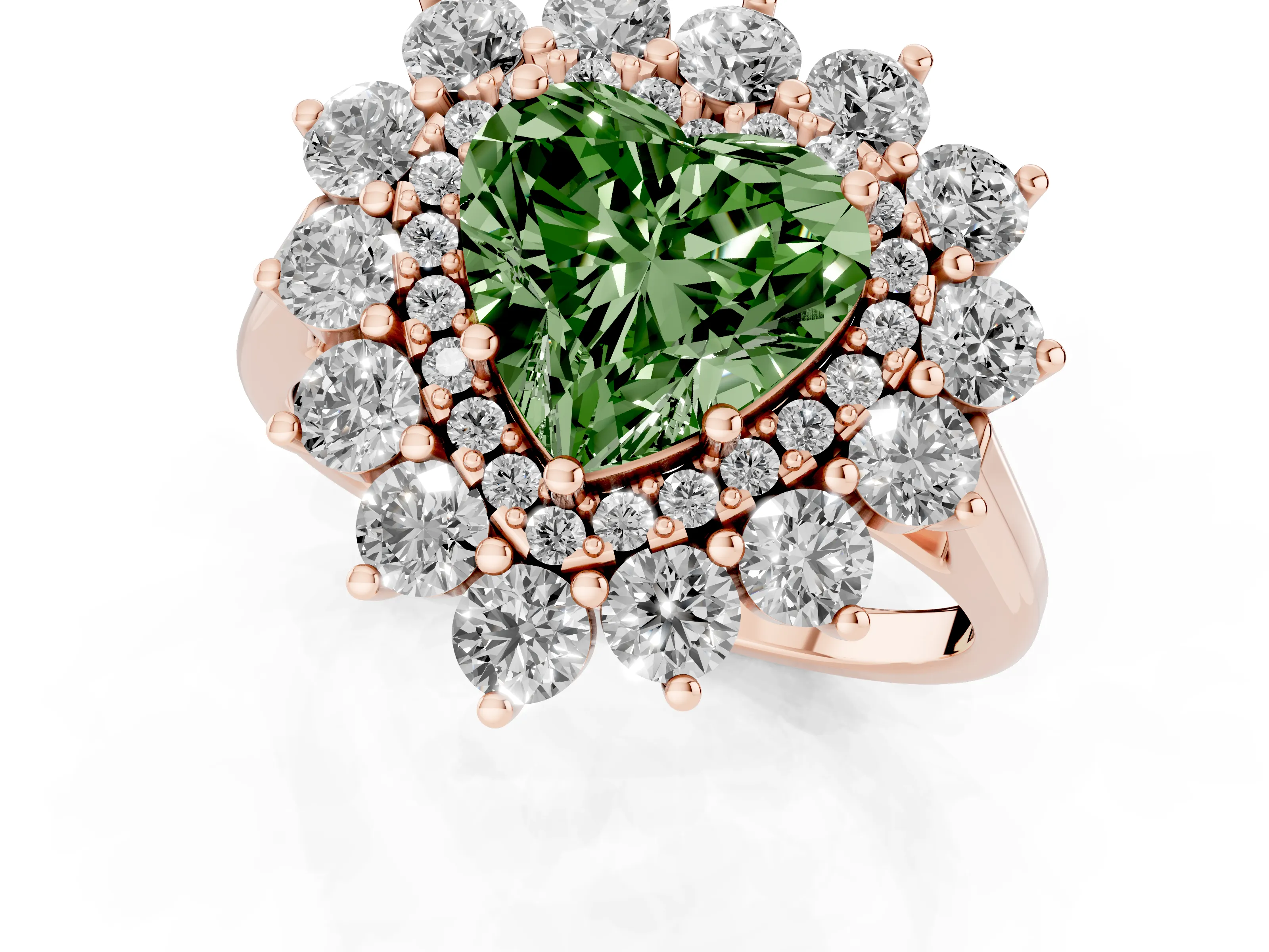 Fancy Green Heart Cut Diamond Floral Double Halo Ring Set in Rose gold with Round Petals