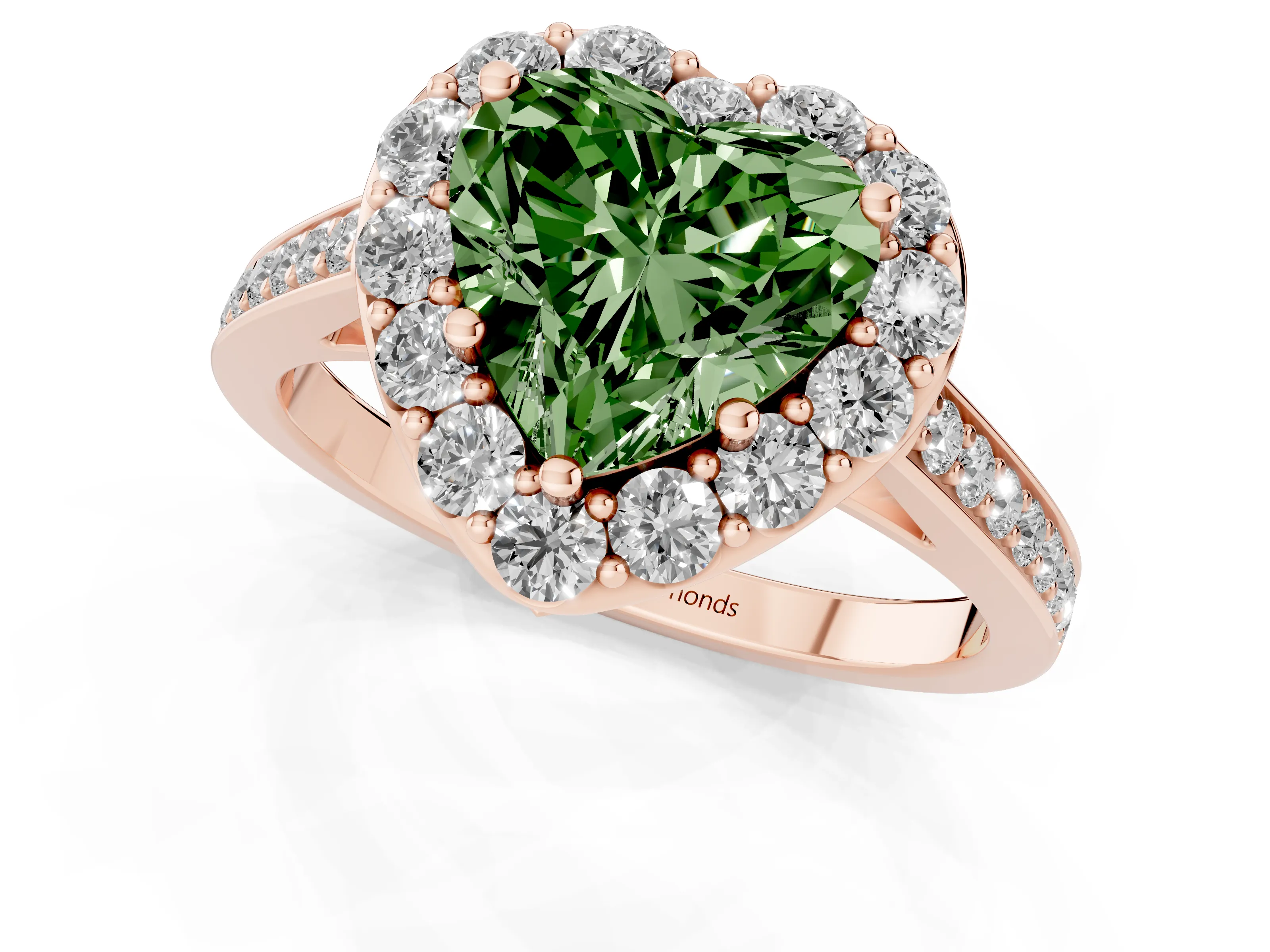 Fancy Green Heart Cut Diamond Floral Halo Ring Set in Rose gold with Pavé Band and Prong Setting