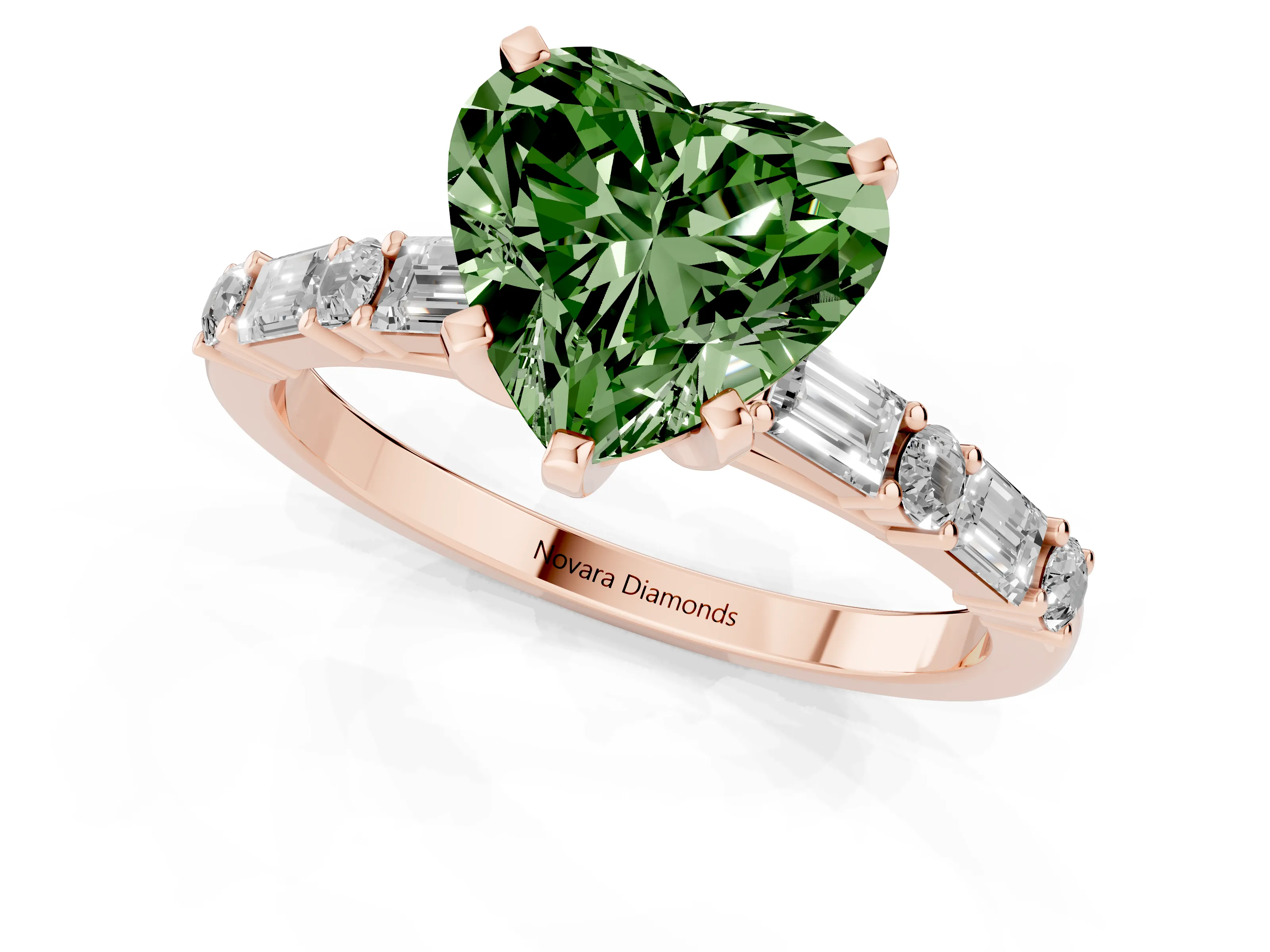Fancy Green Heart Cut Diamond Solitaire Set in Rose gold with Side Baguettes and Channel Set Band