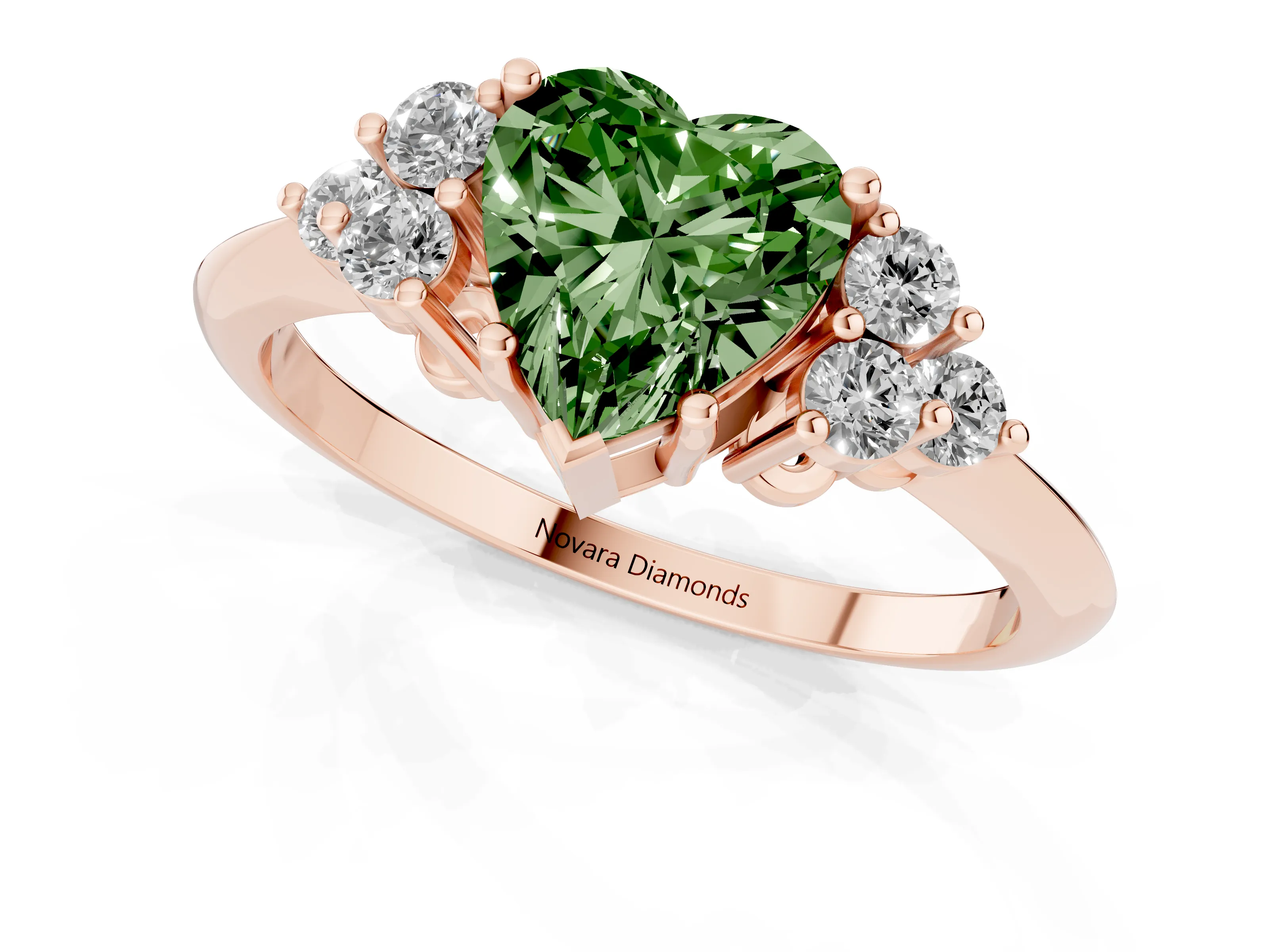 Fancy Green Heart Cut Diamond Cluster Ring Set in Rose gold with Plain Band and Prong Setting