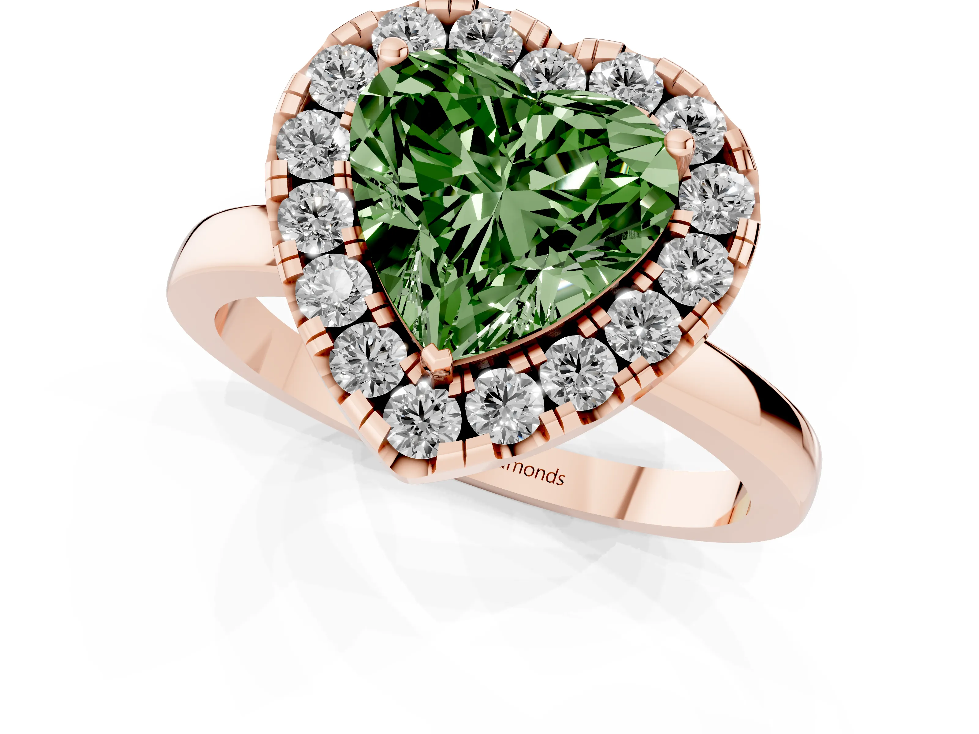 Fancy Green Heart Cut Diamond Halo Solitaire Ring Set in Rose gold with Pavé Band and Prong Setting