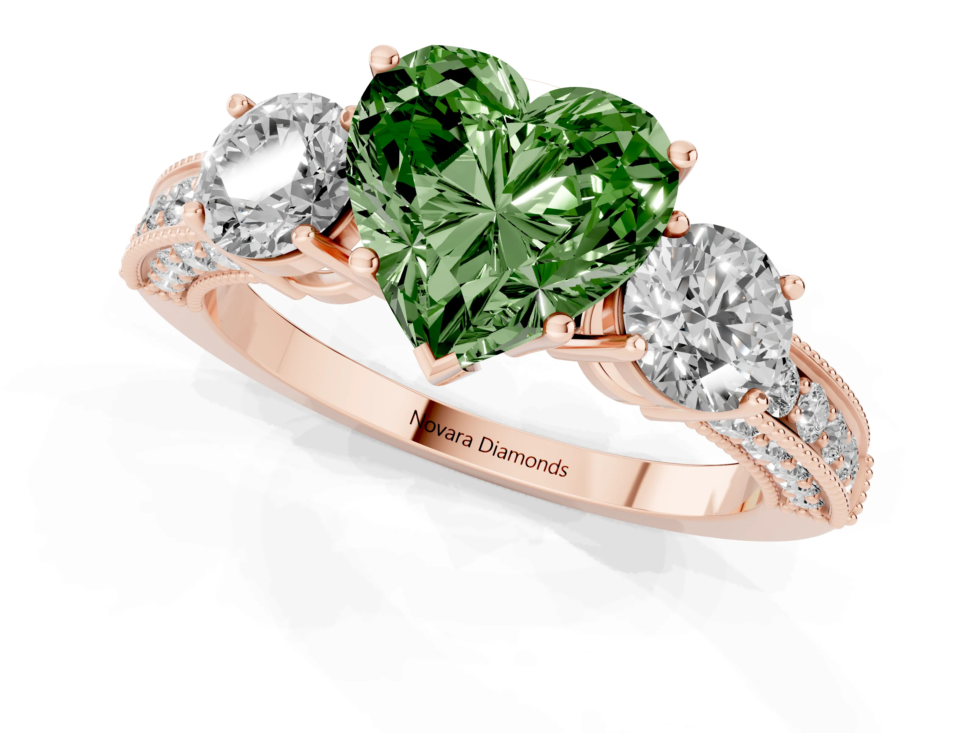 Fancy Green Heart Cut Diamond Three-Stone Ring Set in Rose gold with Round Side Stones and Pavé Band
