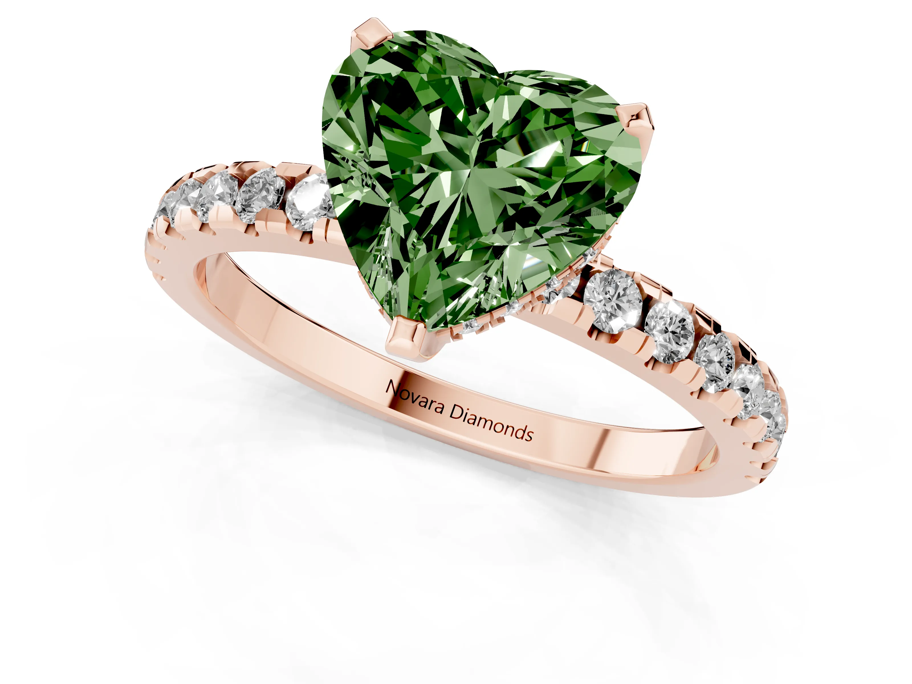 Fancy Green Heart Cut Diamond Pavé Solitaire Ring Set in Rose gold with Round Band Accents and Prong Setting