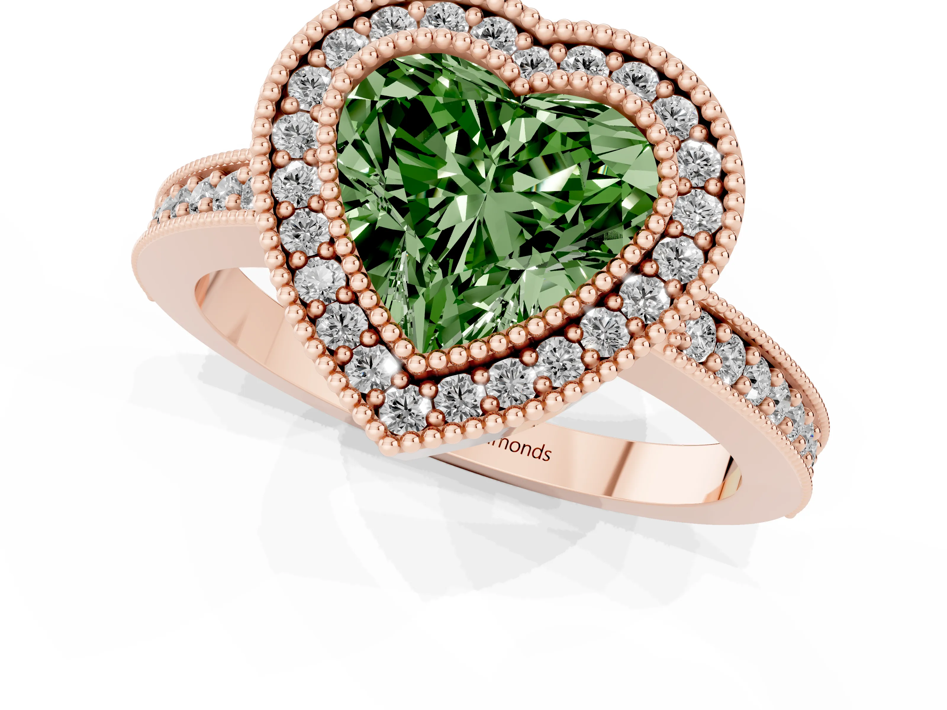 Fancy Green Heart Cut Diamond Halo Engagement Ring Set in Rose gold with Pavé Band and Round Halo Stones