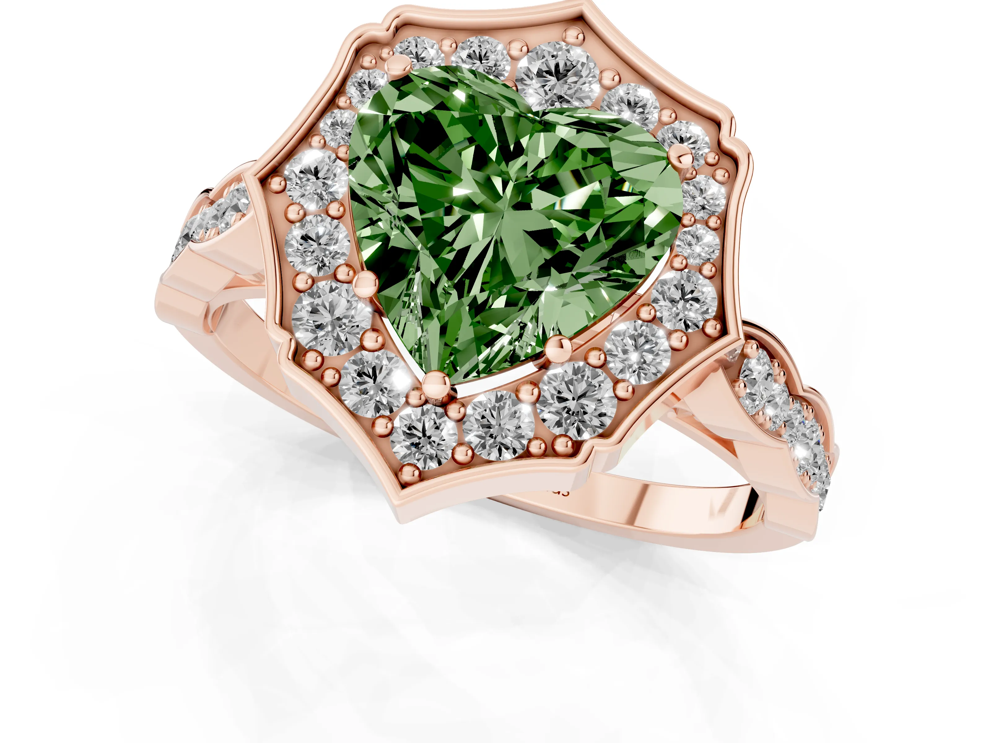 Fancy Green Heart Cut Diamond Halo Engagement Ring Set in Rose gold with Milgrain Band and Prong Setting
