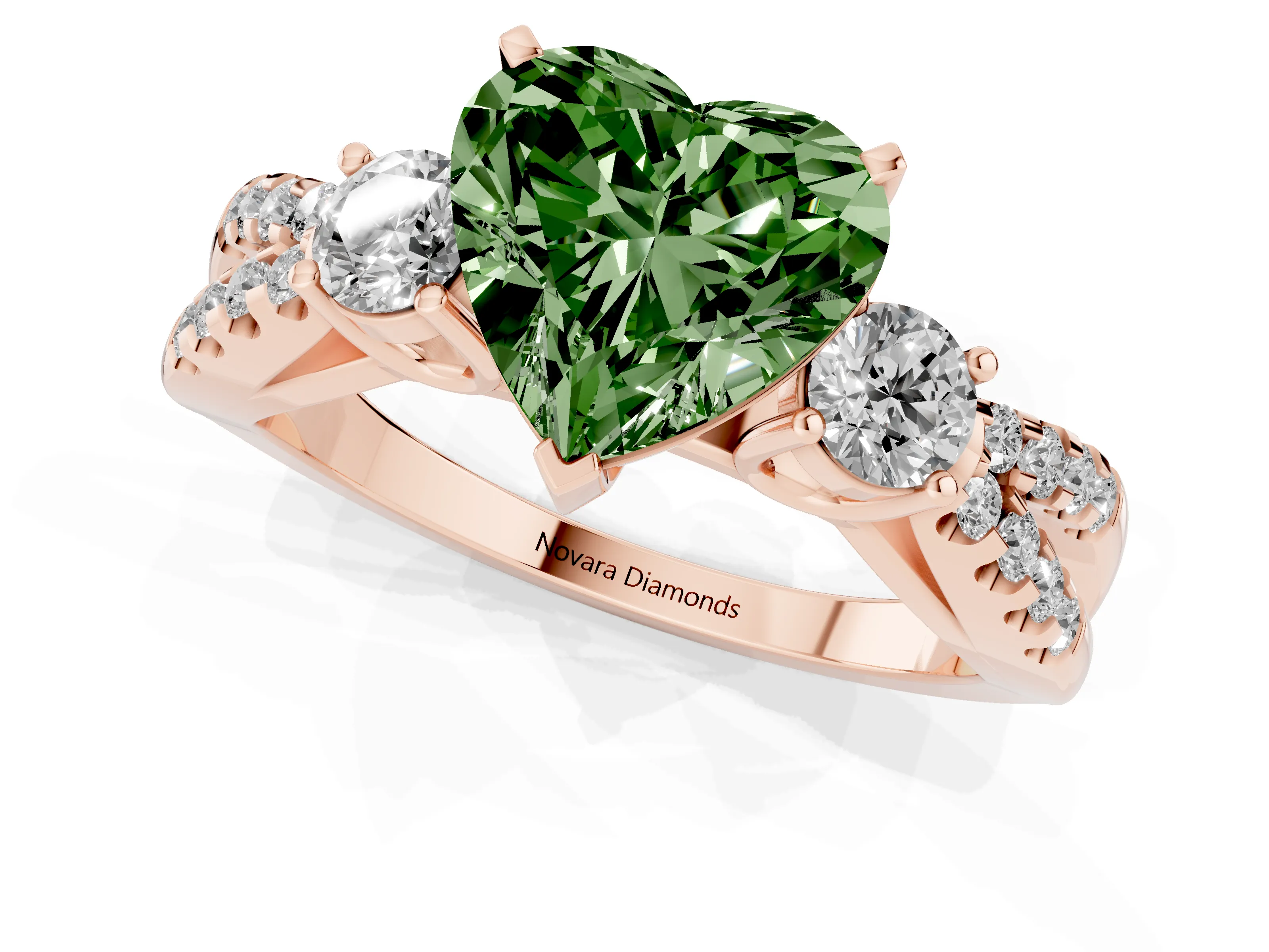 Fancy Green Heart Cut Diamond Three-Stone Ring Set in Rose gold with Pavé Split Shank and Prong Setting