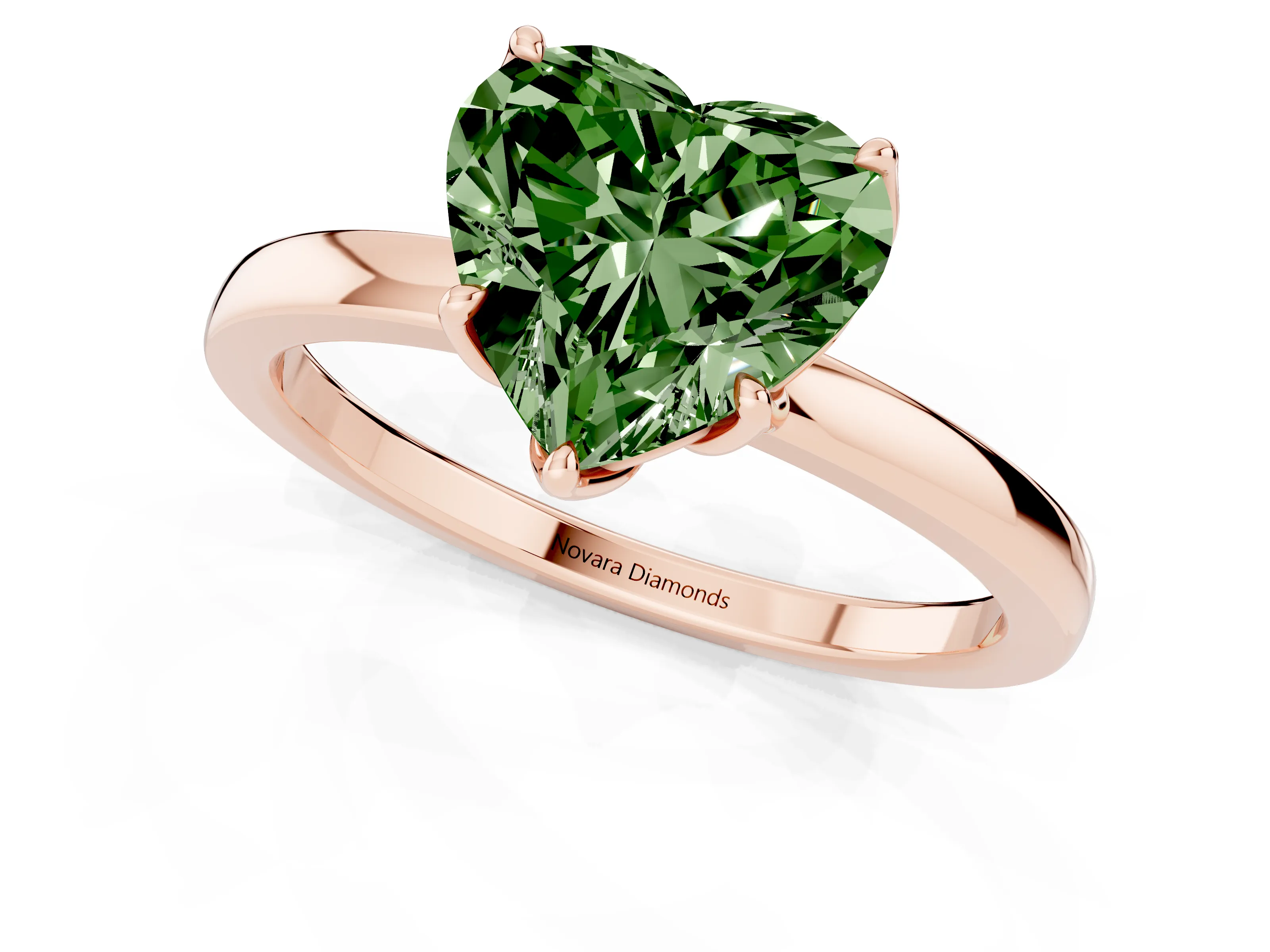 Fancy Green Heart Cut Diamond Solitaire Ring Set in Rose gold with Prong Setting and Thin Polished Band