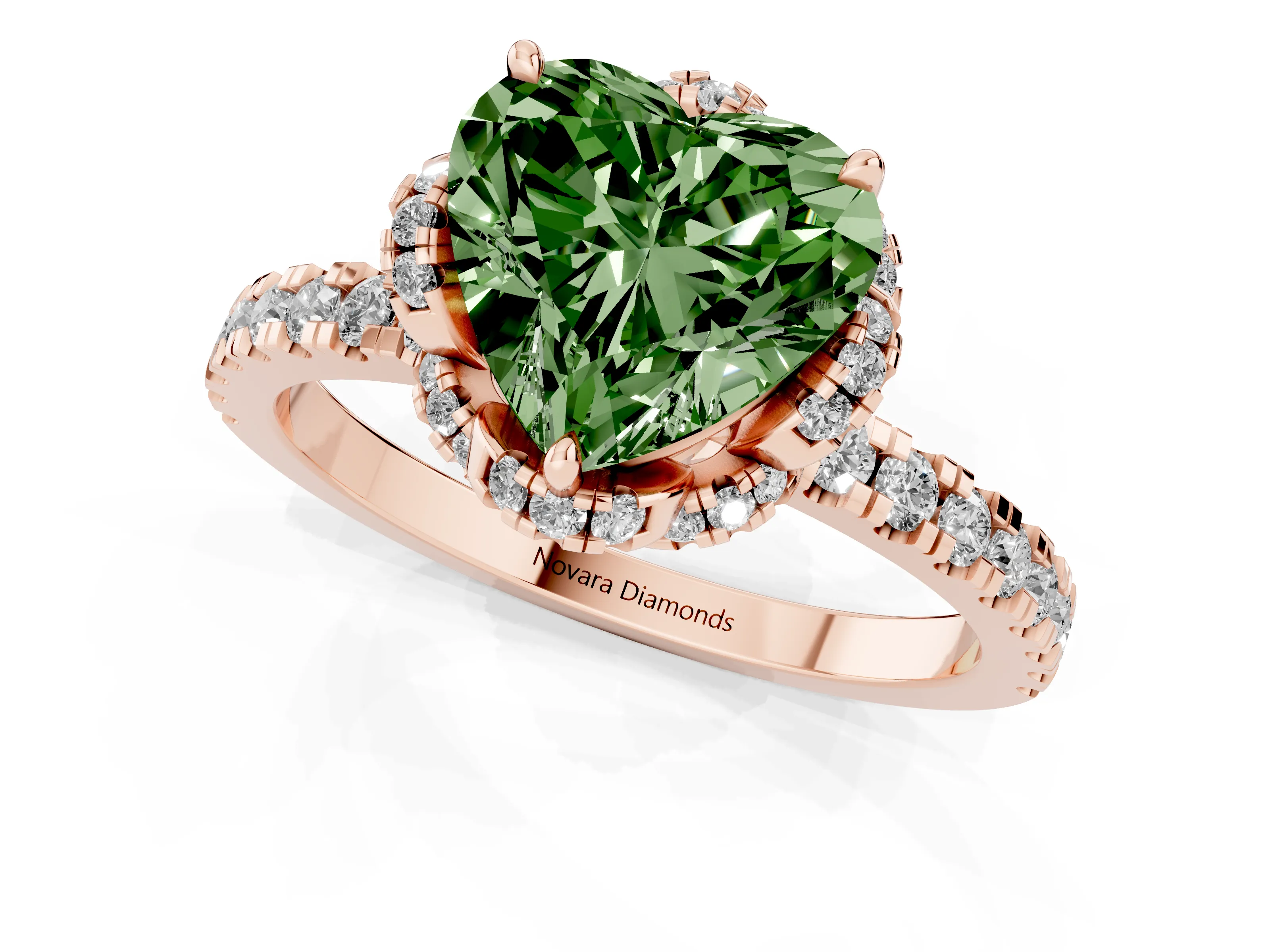 Fancy Green Heart Cut Diamond Halo Pavé Band Ring Set in Rose gold with Prong-Held Center