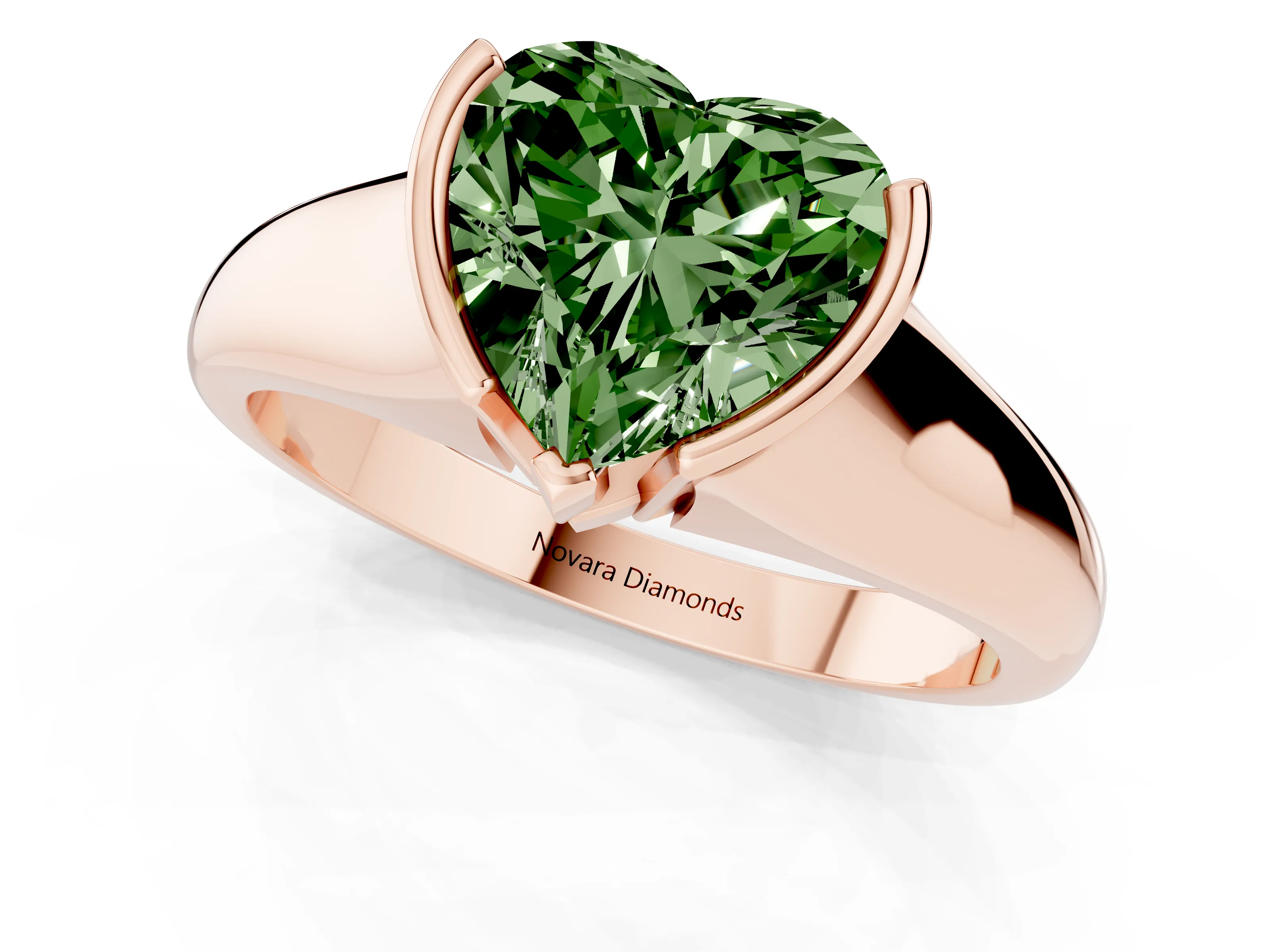 Fancy Green Heart Cut Diamond Solitaire Tension Set Ring Set in Rose gold with Split Shank Band