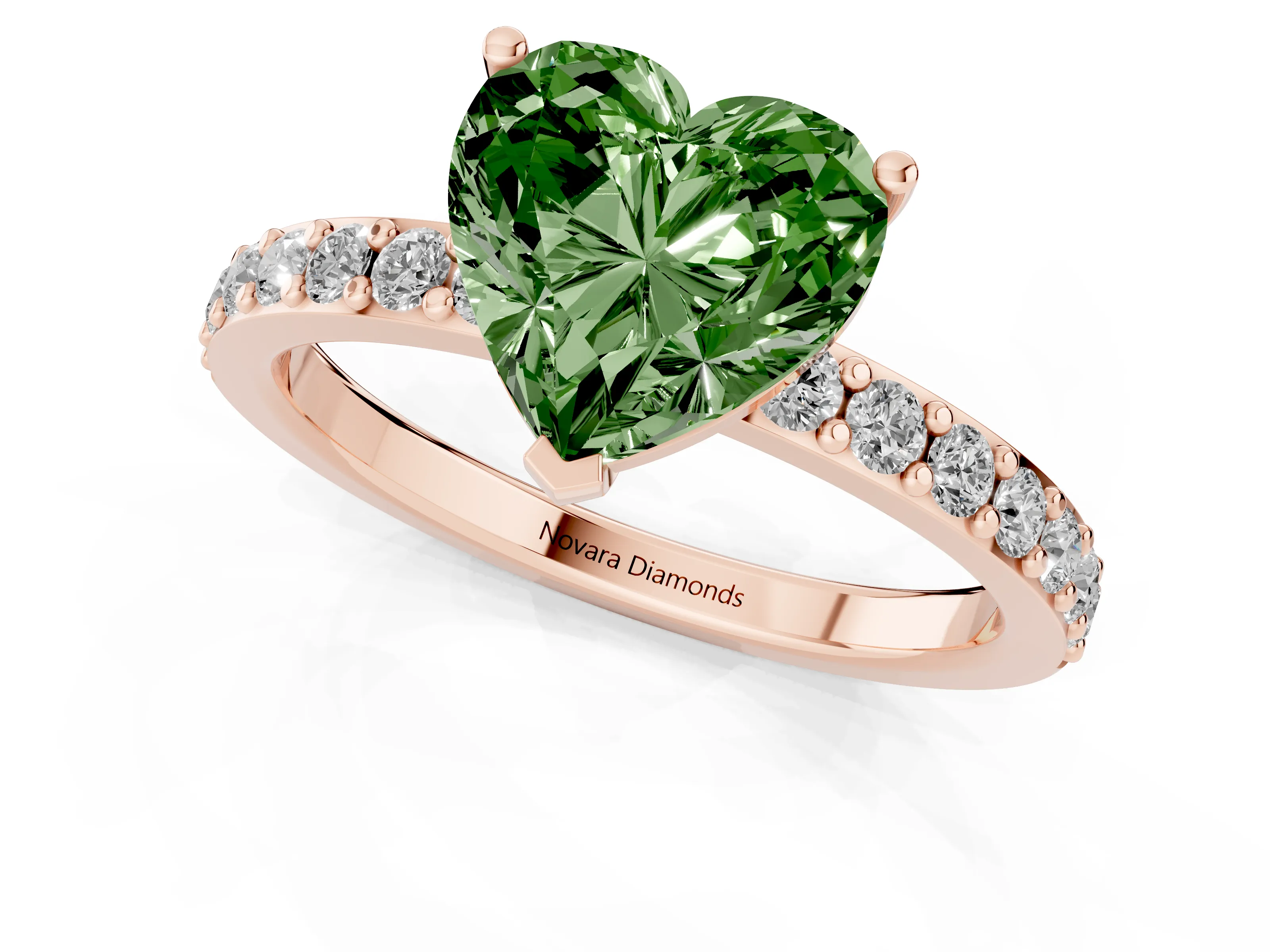 Fancy Green Heart Cut Diamond Solitaire Set in Rose gold with Round Pavé Band and Prong Setting