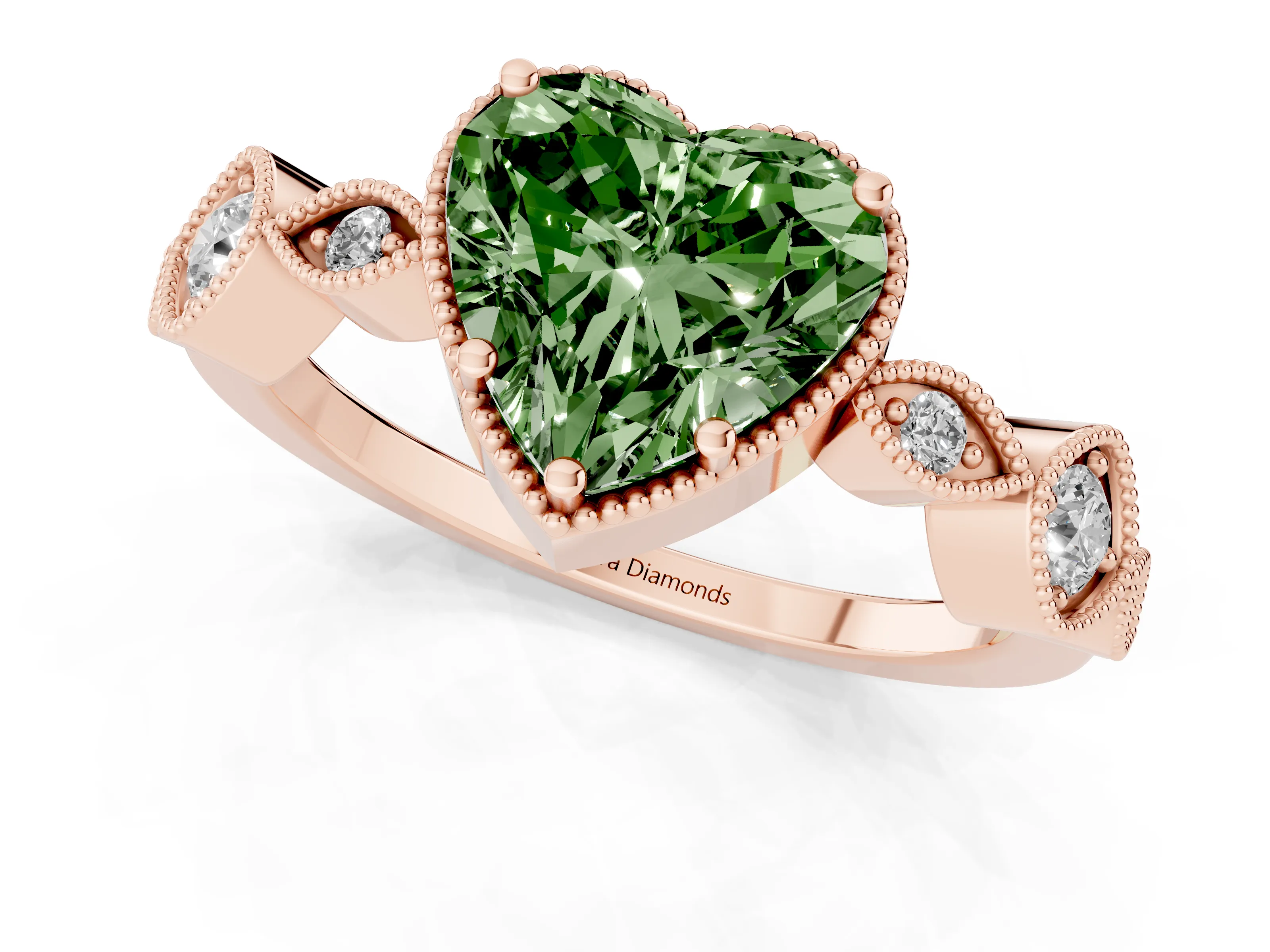 Fancy Green Heart Cut Diamond Vintage-Inspired Milgrain Ring Set in Rose gold with Marquise Stations of Round Accents