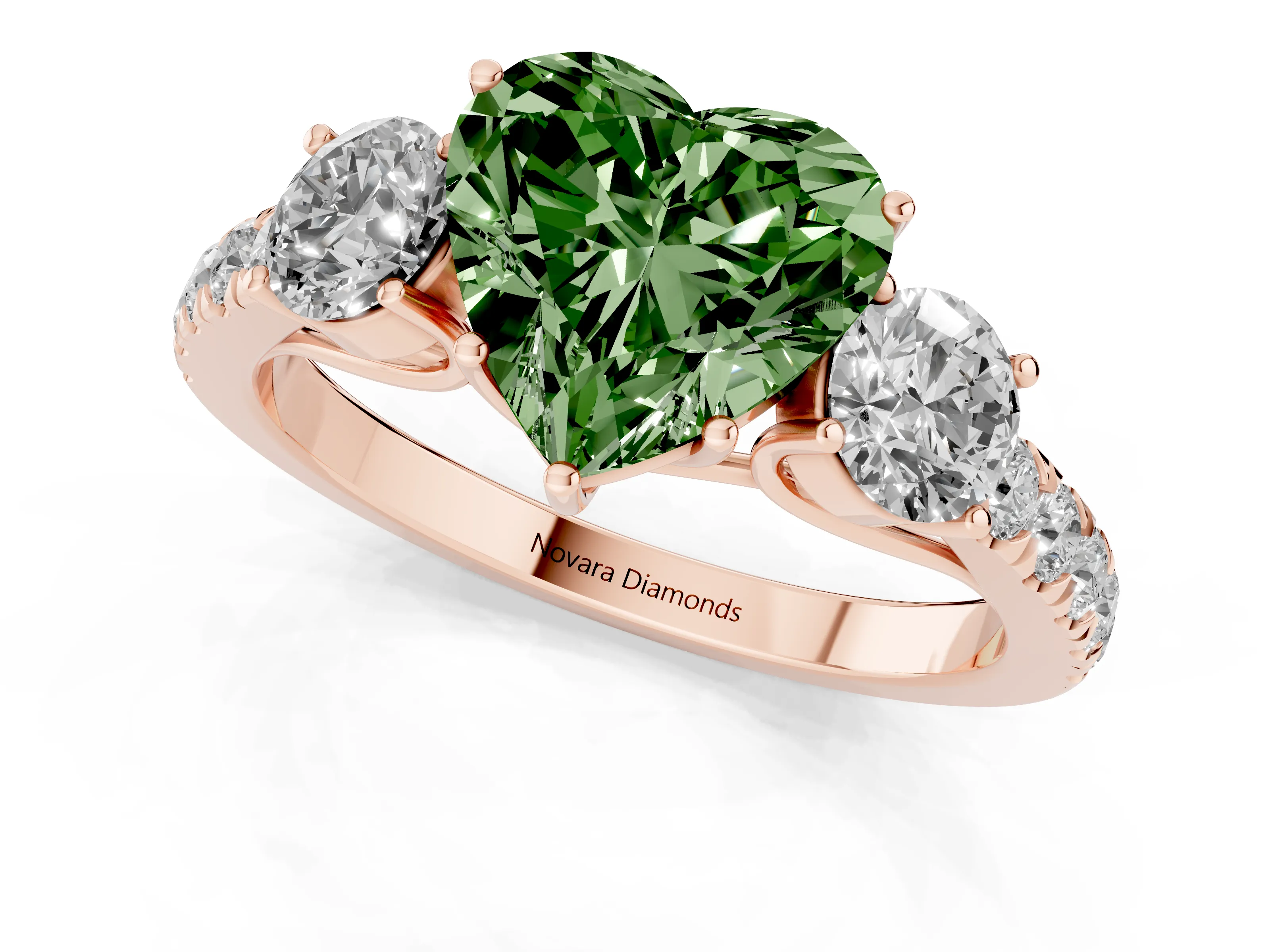 Fancy Green Heart Cut Diamond Three-Stone Ring Set in Rose gold with Round Side Stones and Delicate Pavé Band