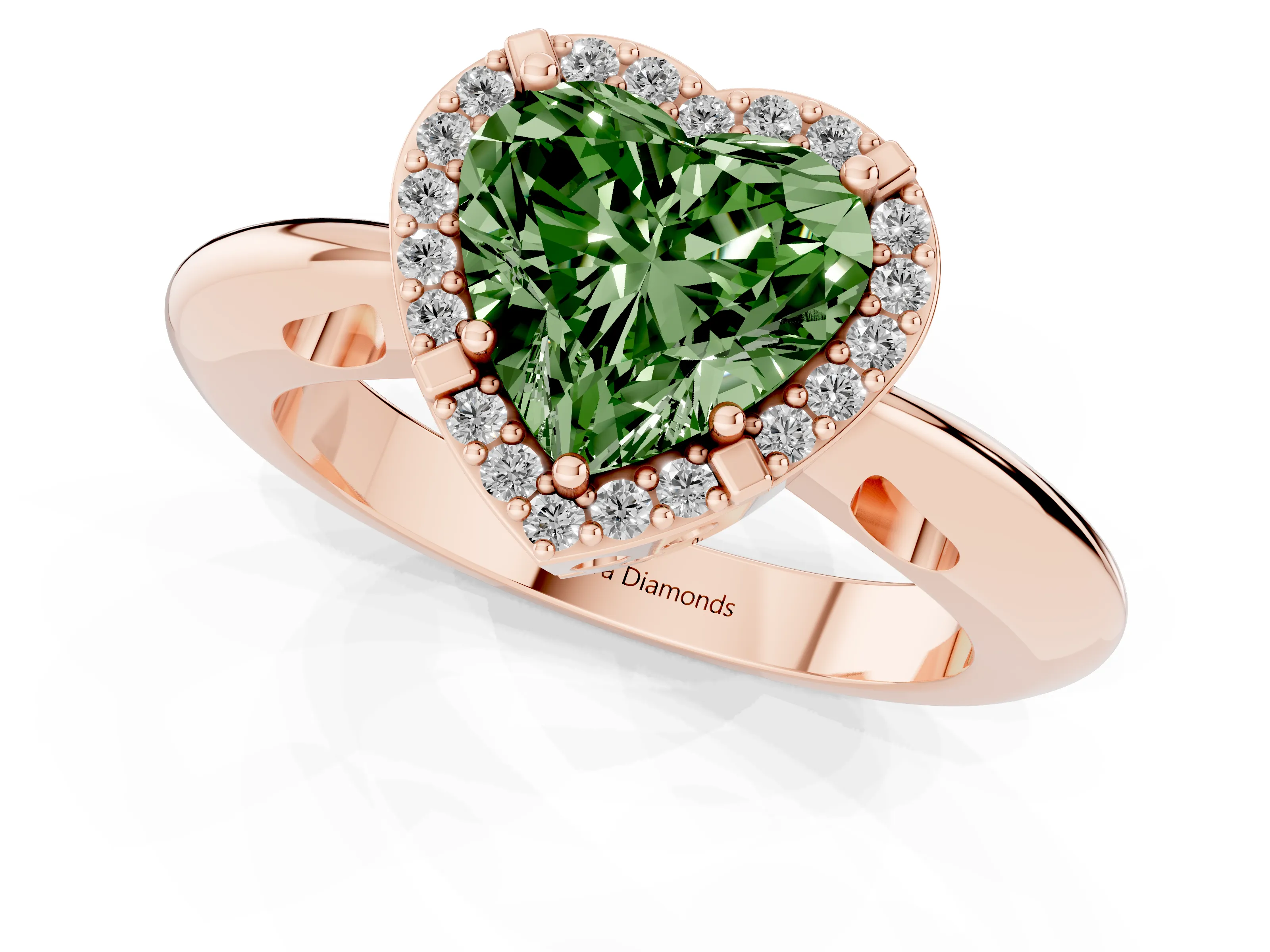Fancy Green Heart Cut Diamond Halo Engagement Ring Set in Rose gold with Plain Split Shank and Prong Setting