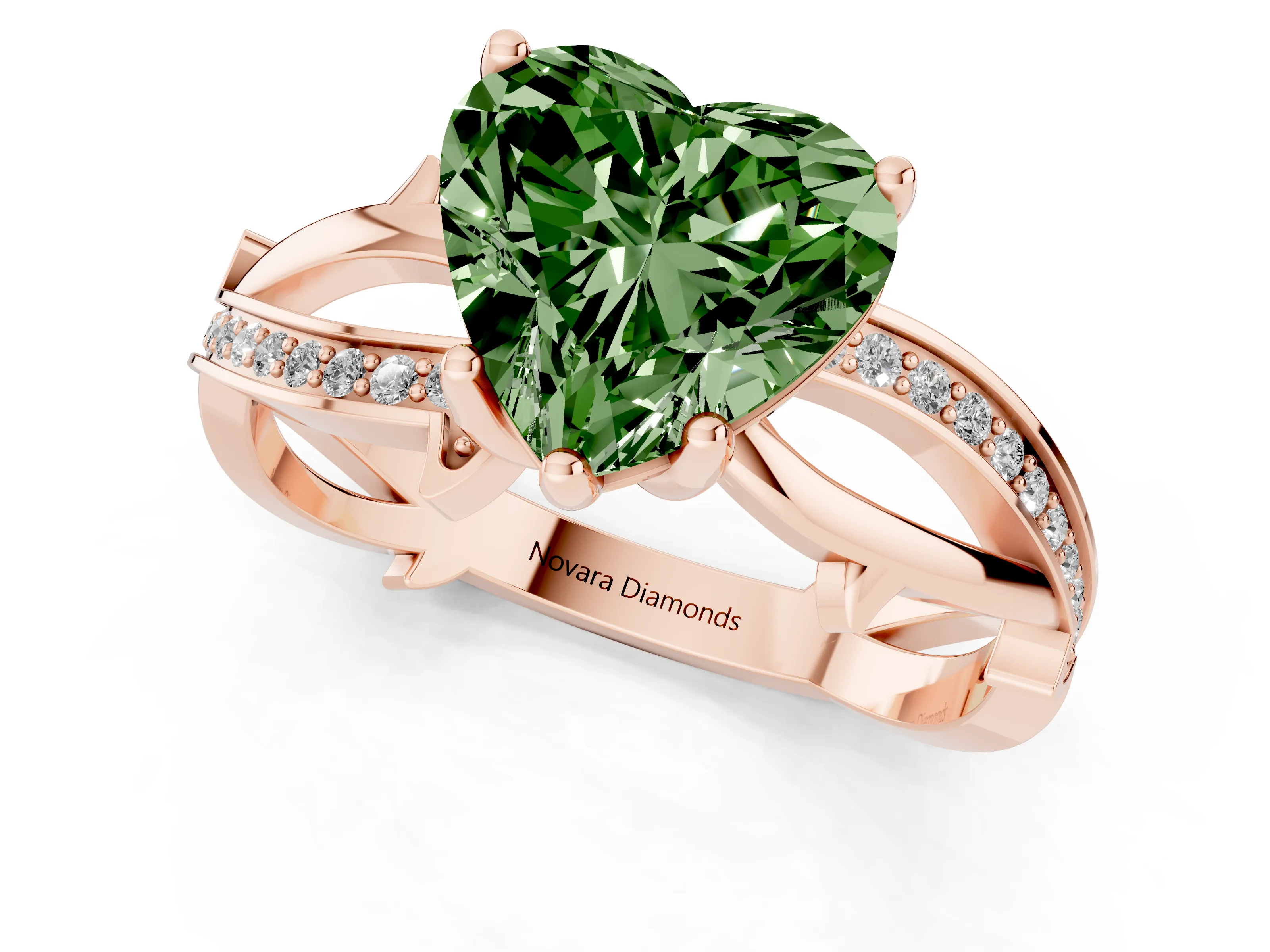 Fancy Green Heart Cut Diamond Pavé Twist Band Solitaire Ring Set in Rose gold with Prong Setting