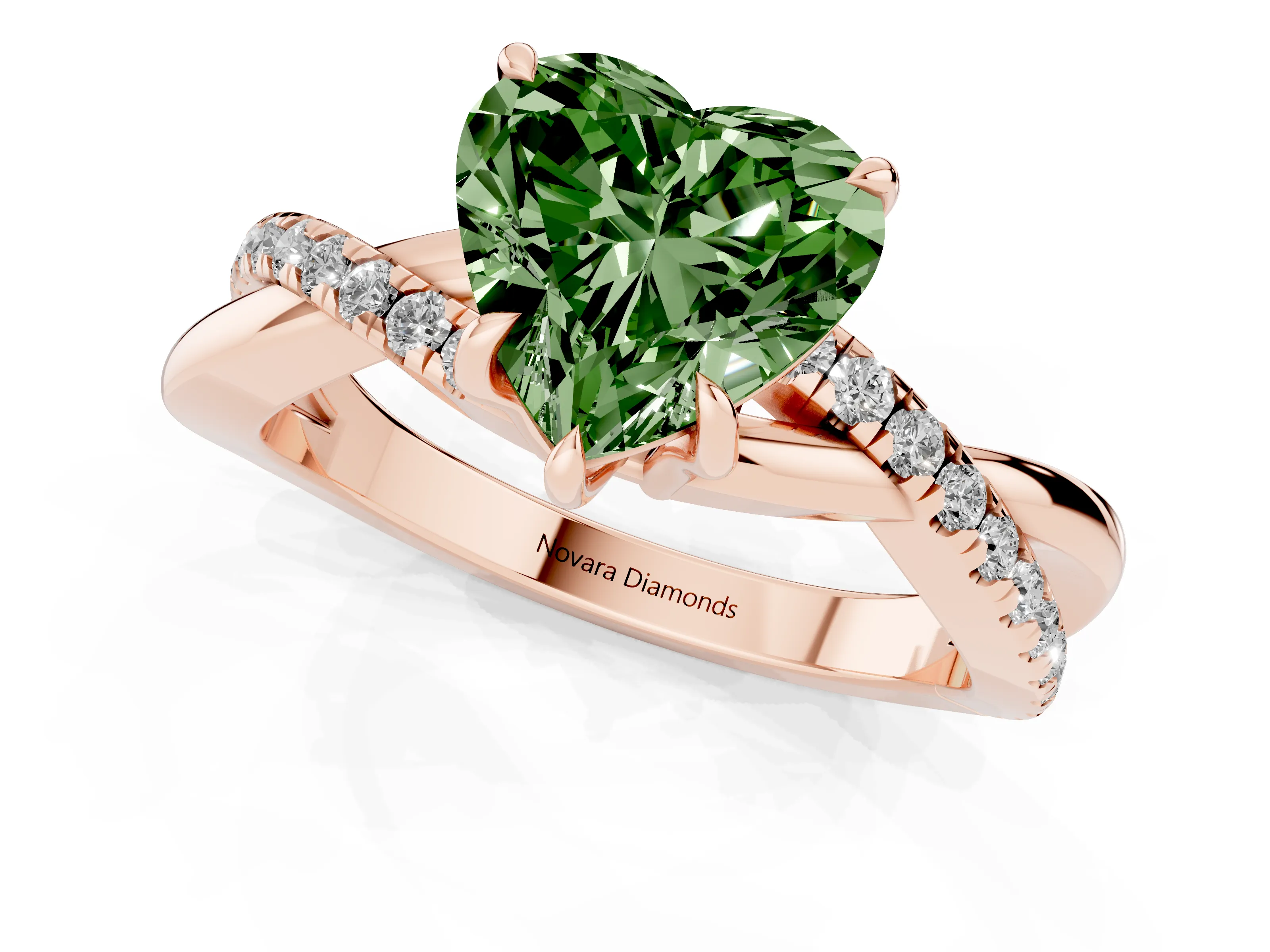 Fancy Green Heart Cut Diamond Twisted Pavé Band Ring Set in Rose gold with Prong Setting