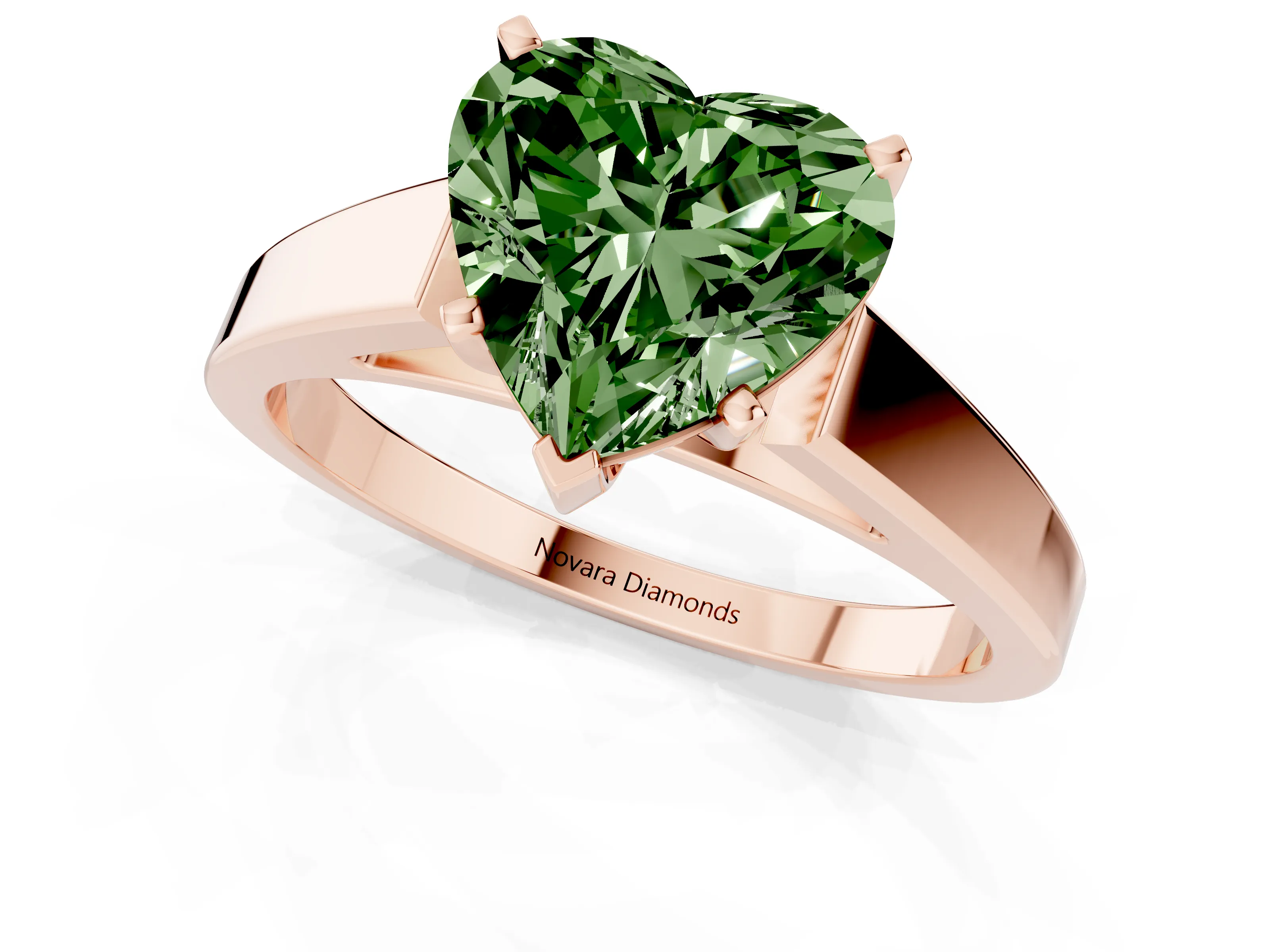 Fancy Green Heart Cut Diamond Solitaire Engagement Ring Set in Rose gold with Prong Setting and Tapered Band