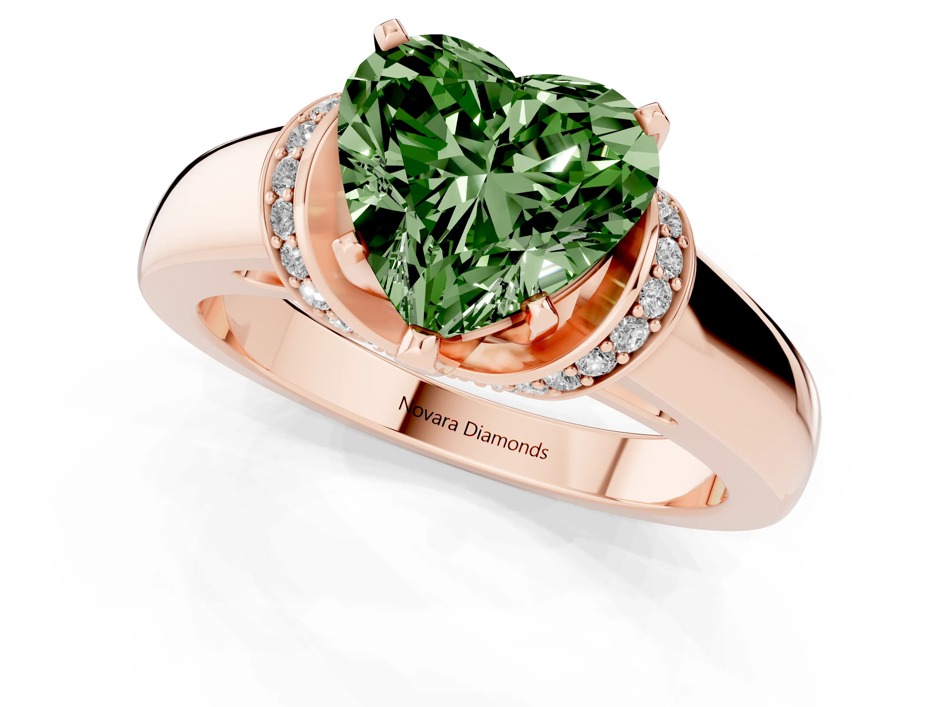 Fancy Green Heart Cut Diamond Pavé Band Solitaire Ring Set in Rose gold with Prong Setting