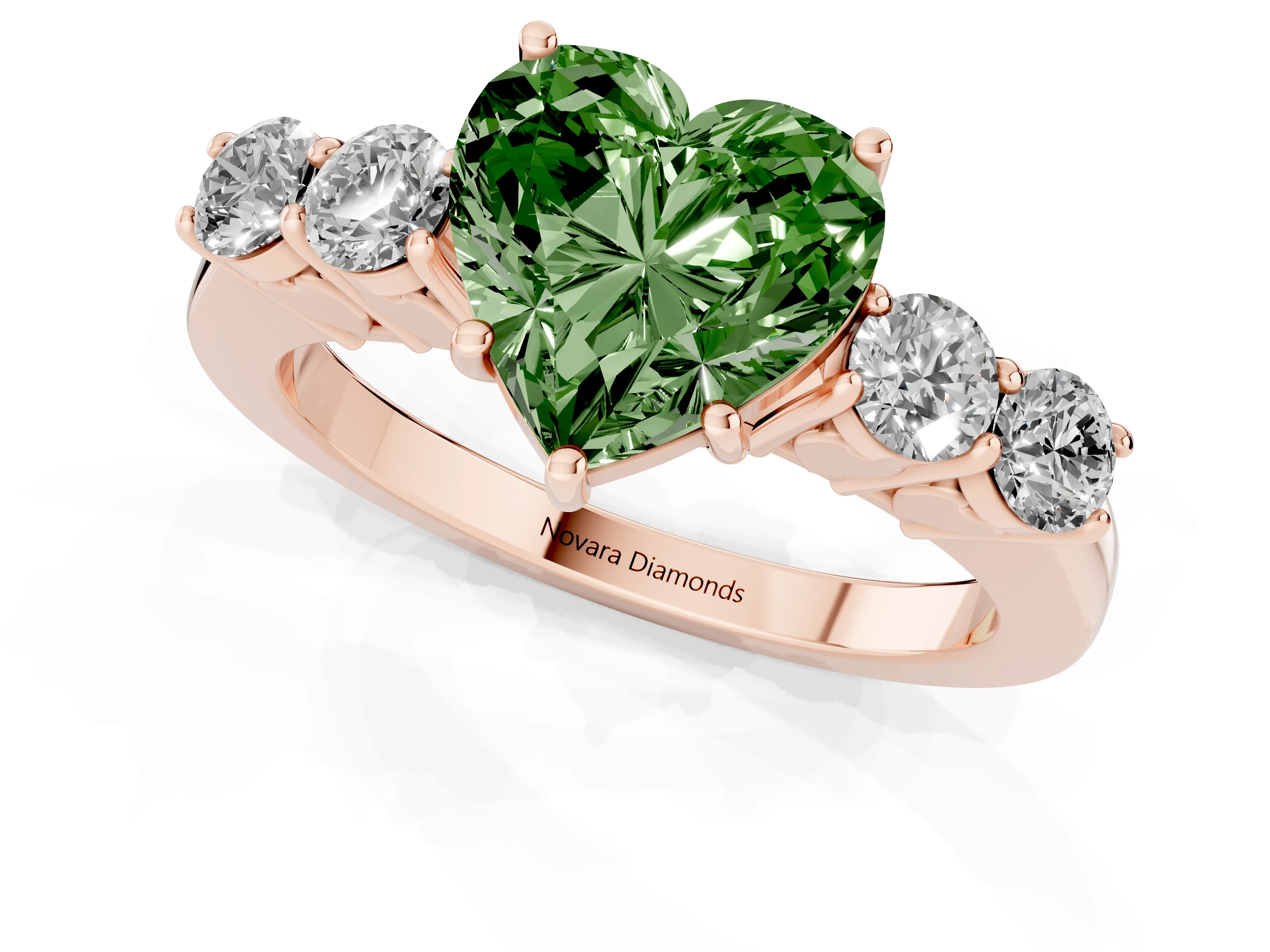 Fancy Green Heart Cut Diamond Five-Stone Prong Set Band Ring Set in Rose gold with Polished Band