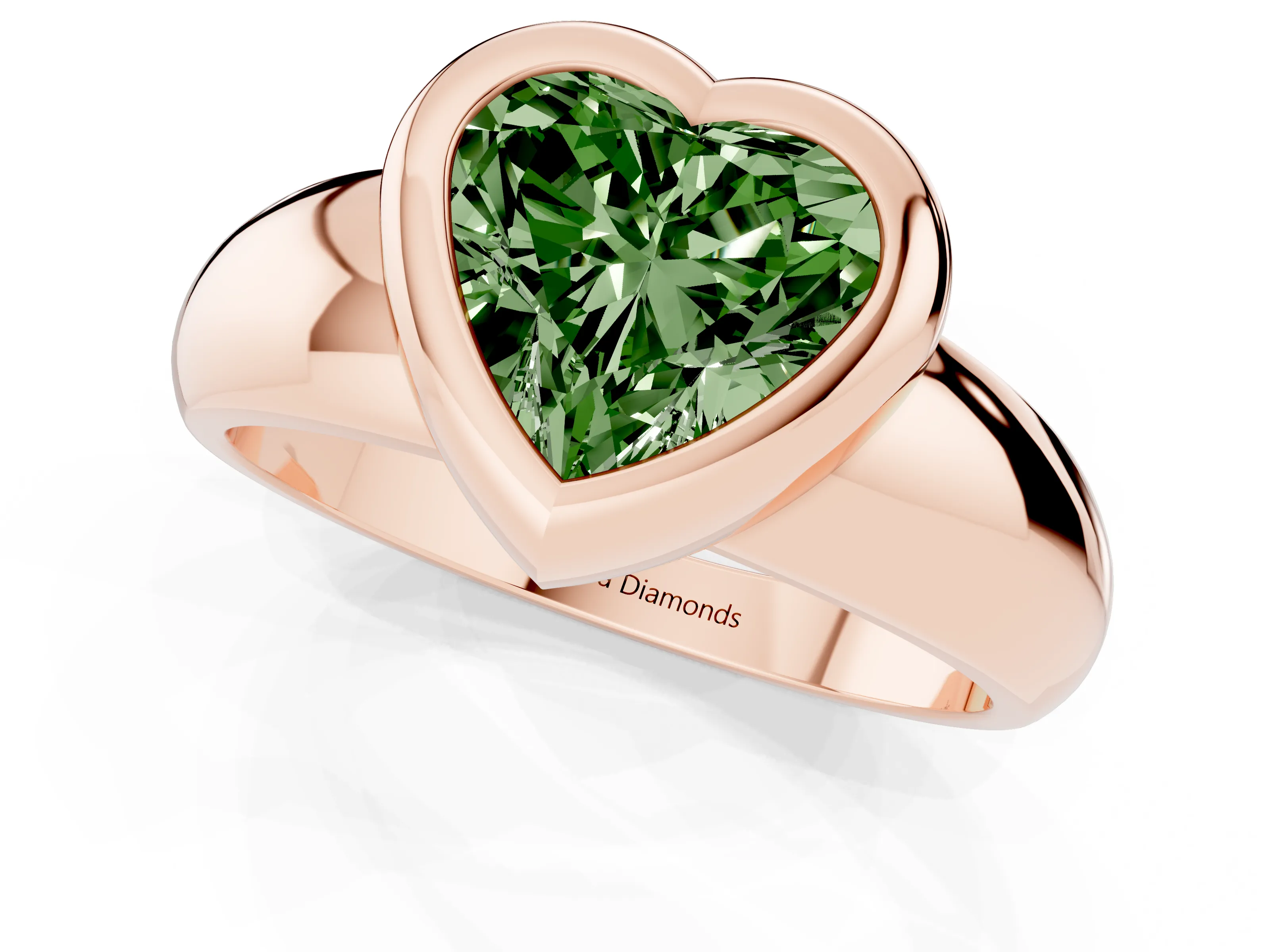 Fancy Green Bezel Set Heart Cut Diamond Solitaire Ring Set in Rose gold with Wide Band