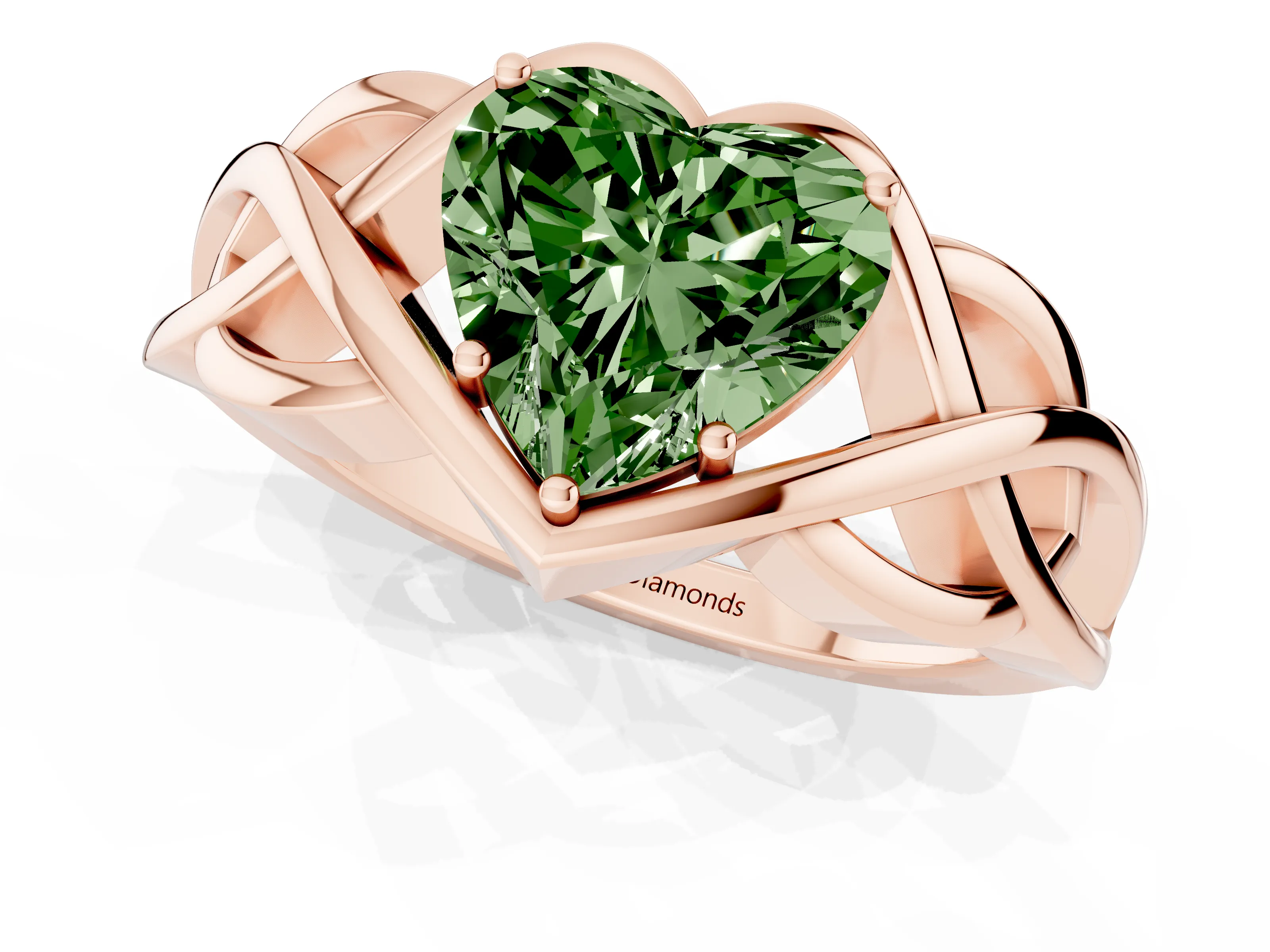 Fancy Green Heart Cut Diamond Solitaire Ring Set in Rose gold with Intertwined Band