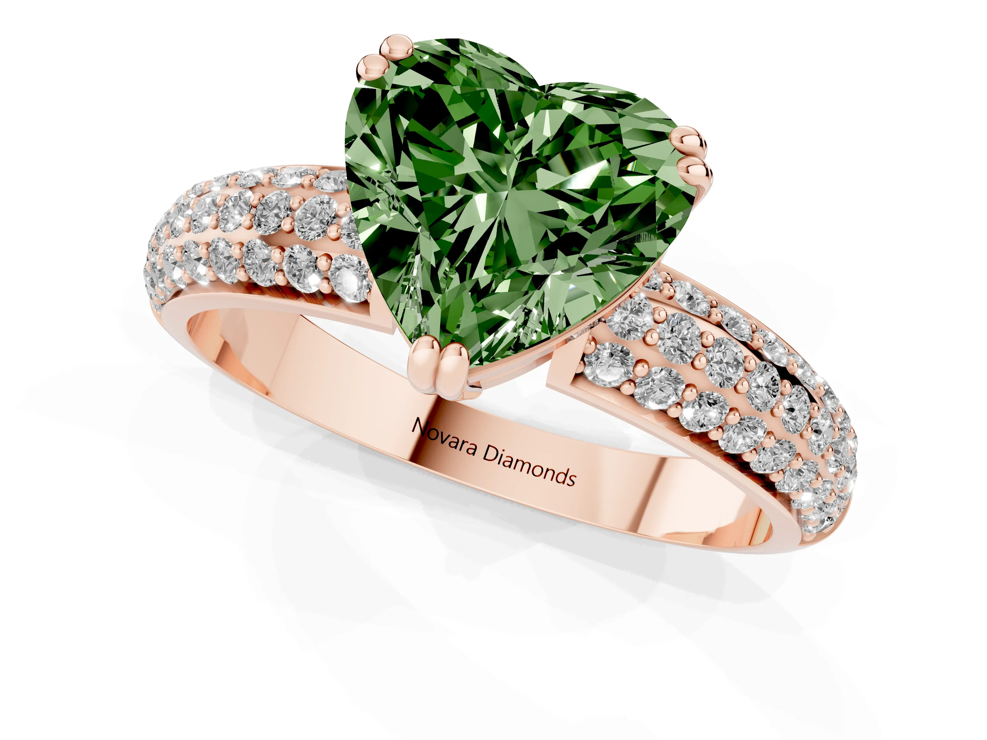 Fancy Green Heart Cut Diamond Solitaire Ring Set in Rose gold with Multi-Row Round Pavé Band and Prong Setting