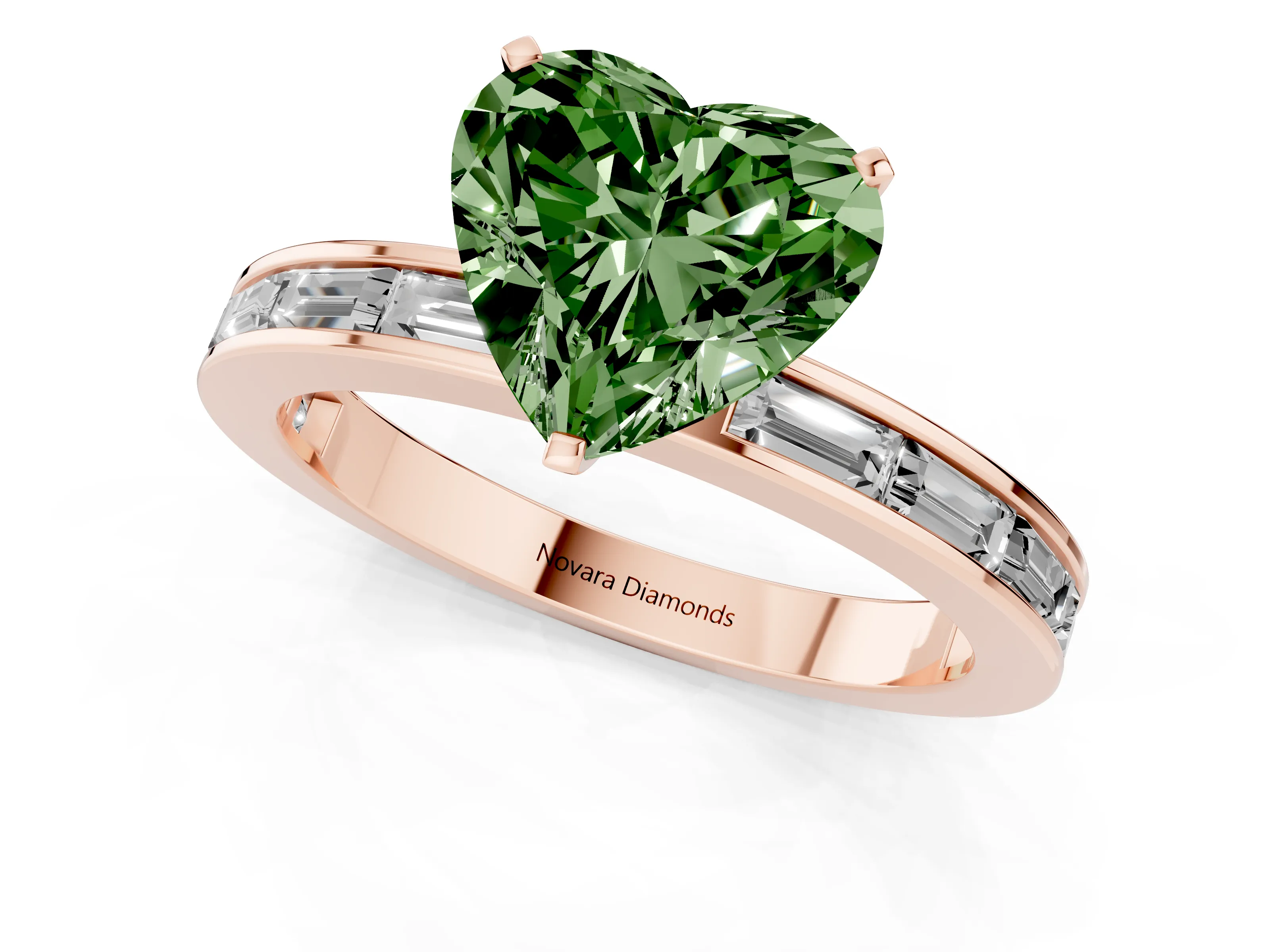 Fancy Green Heart Cut Diamond Solitaire Ring Set in Rose gold with Channel-Set Baguette Band and Prong Setting