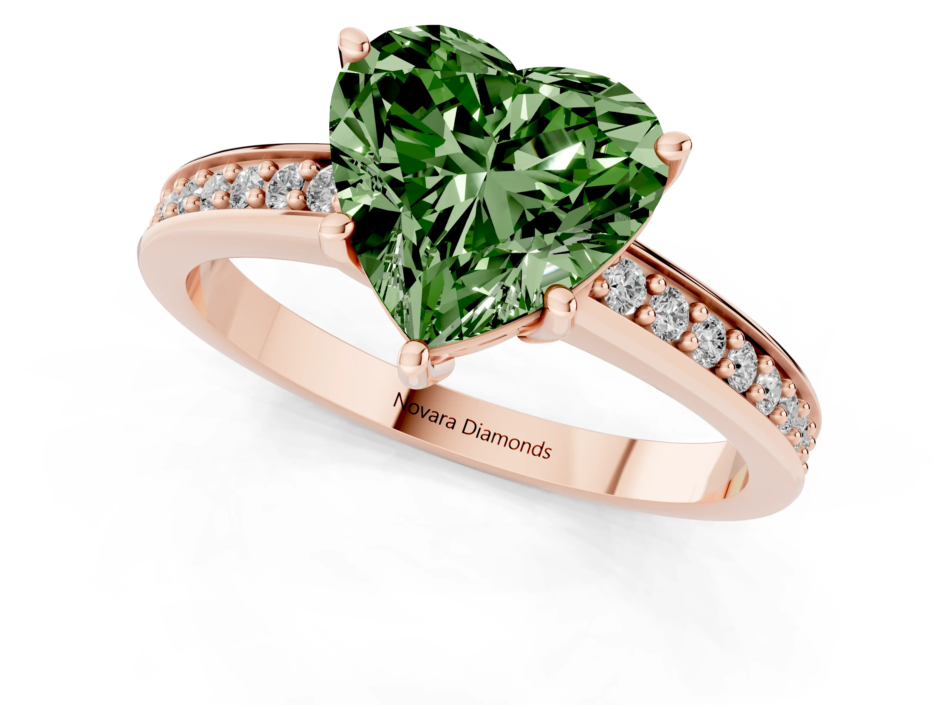 Fancy Green Heart Cut Diamond Pavé Band Prong Set Solitaire Ring Set in Rose gold