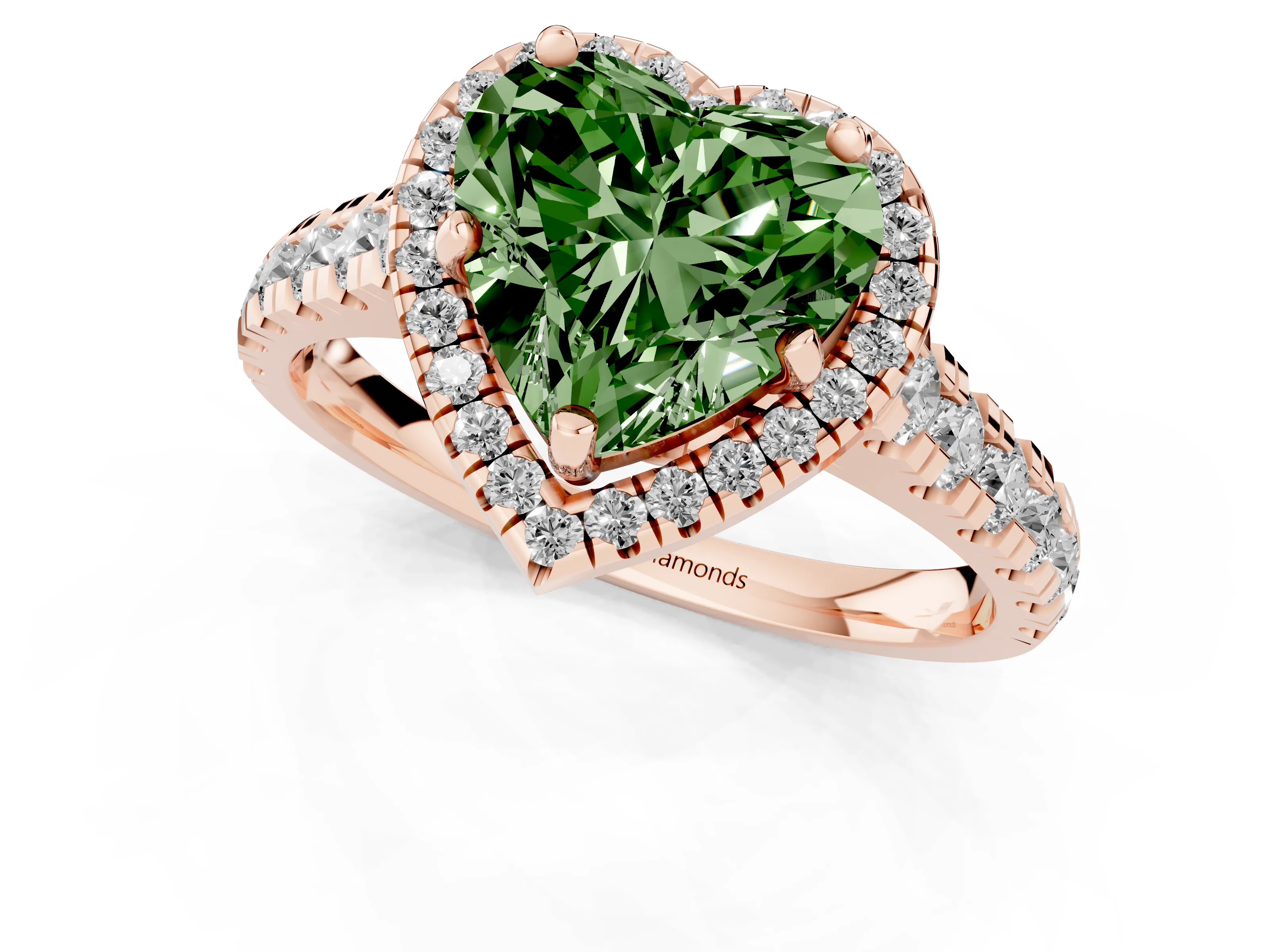 Fancy Green Heart Cut Diamond Halo Engagement Ring Set in Rose gold with Pavé Band and Prong-Set Center