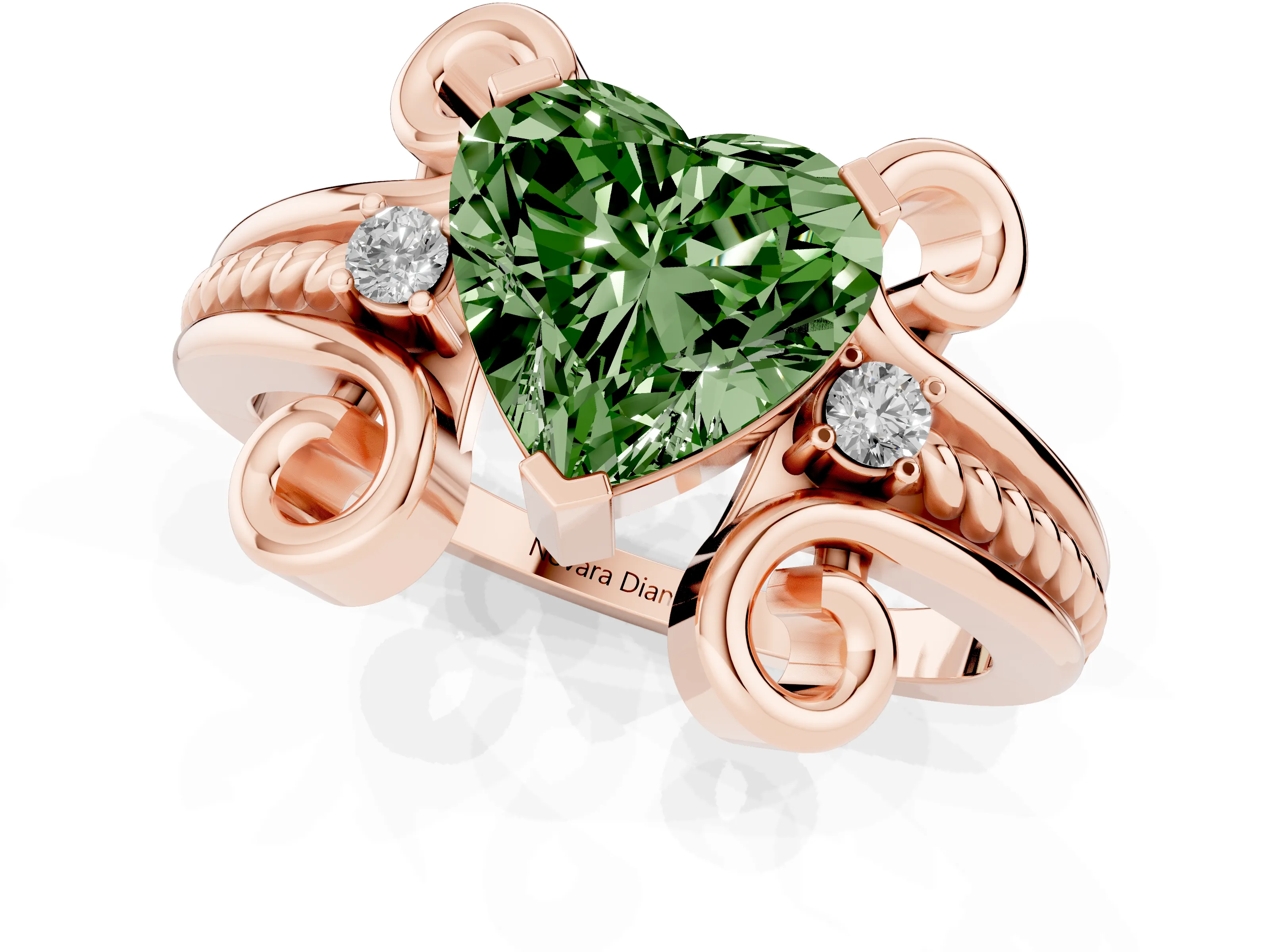 Fancy Green Heart Cut Diamond Twisted Band Solitaire Ring Set in Rose gold with Scroll Prongs