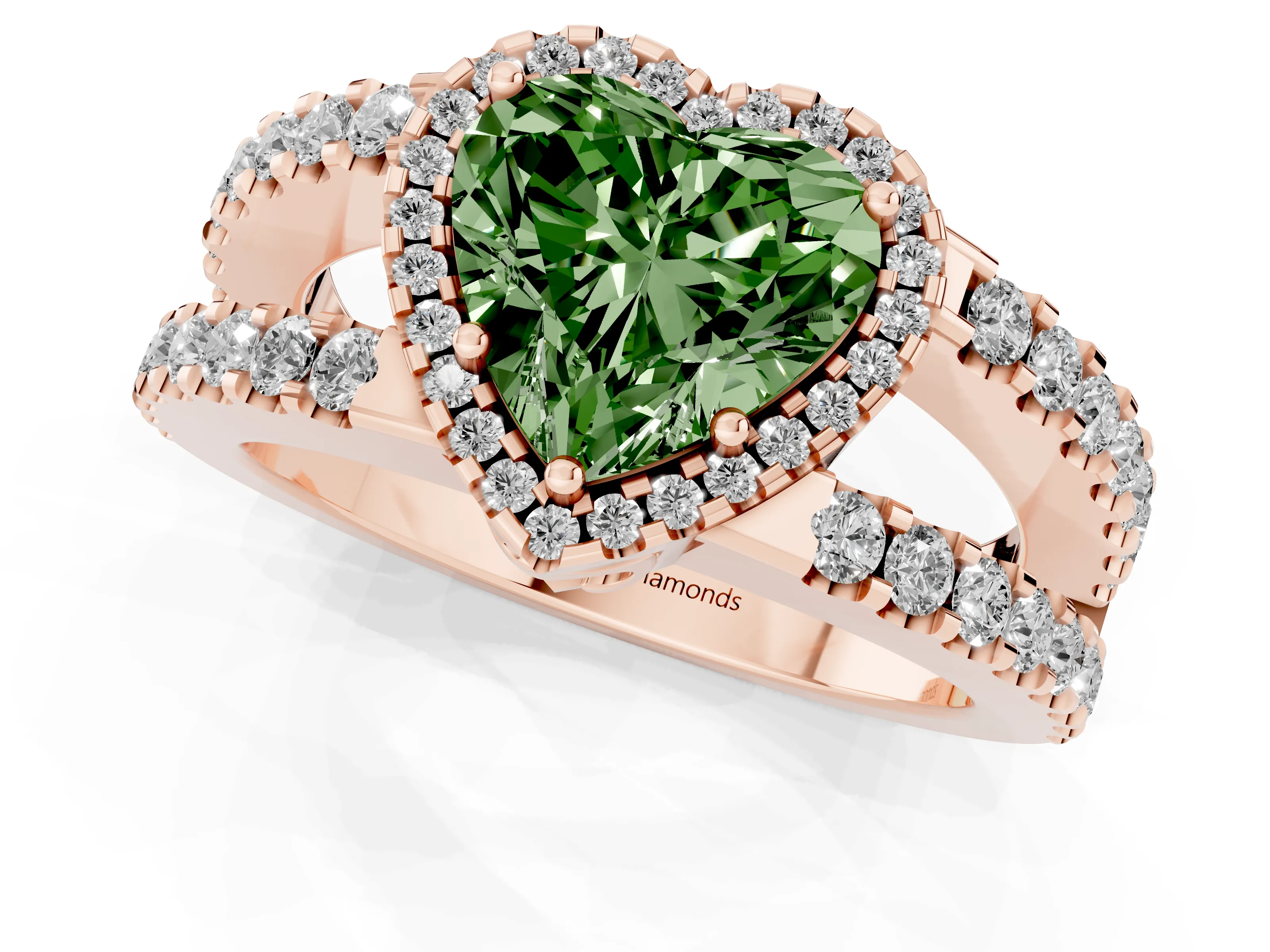Fancy Green Heart Cut Diamond Halo Ring Set in Rose gold with Pavé Split Shank and Prong Setting