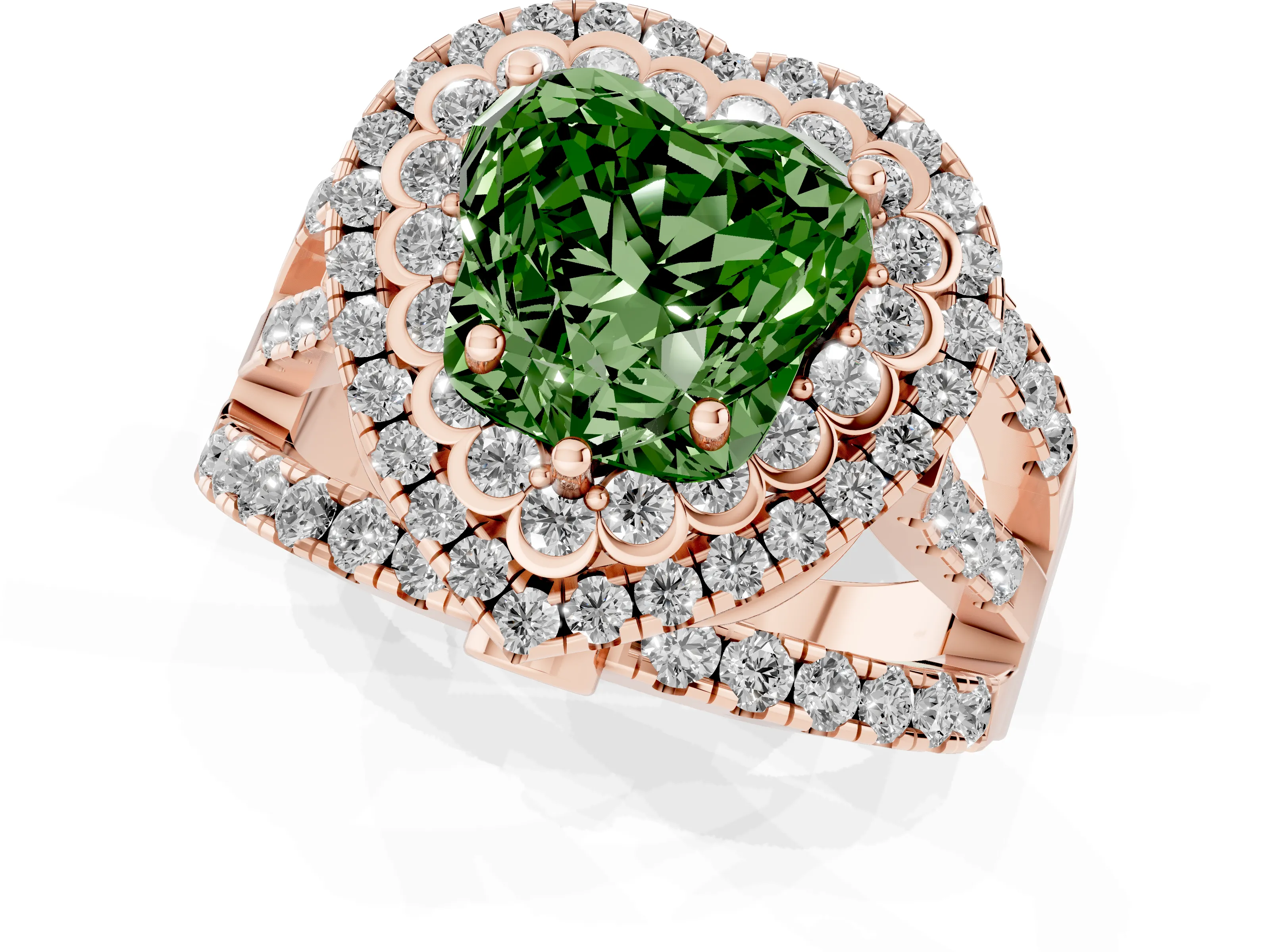 Fancy Green Heart Cut Diamond Double Halo Ring Set in Rose gold with Round Pavé Split Shank