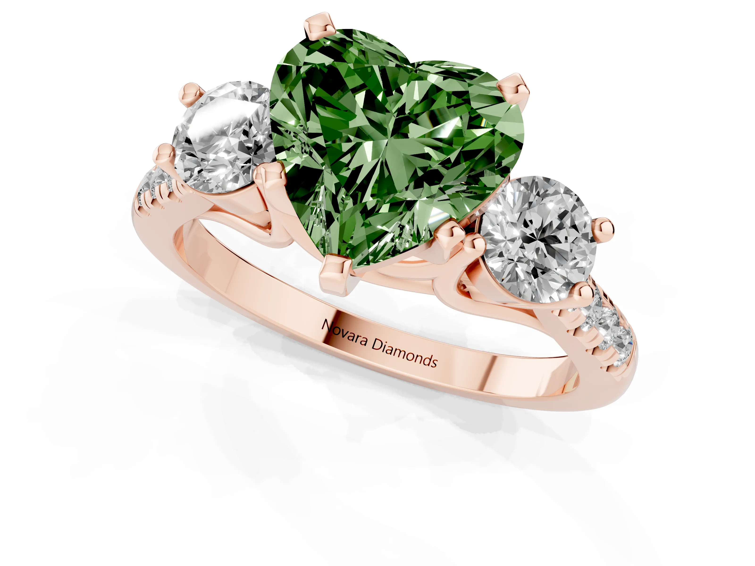Fancy Green Three-Stone Heart Cut Diamond Pavé Band Ring Set in Rose gold with Prong-Set Trio