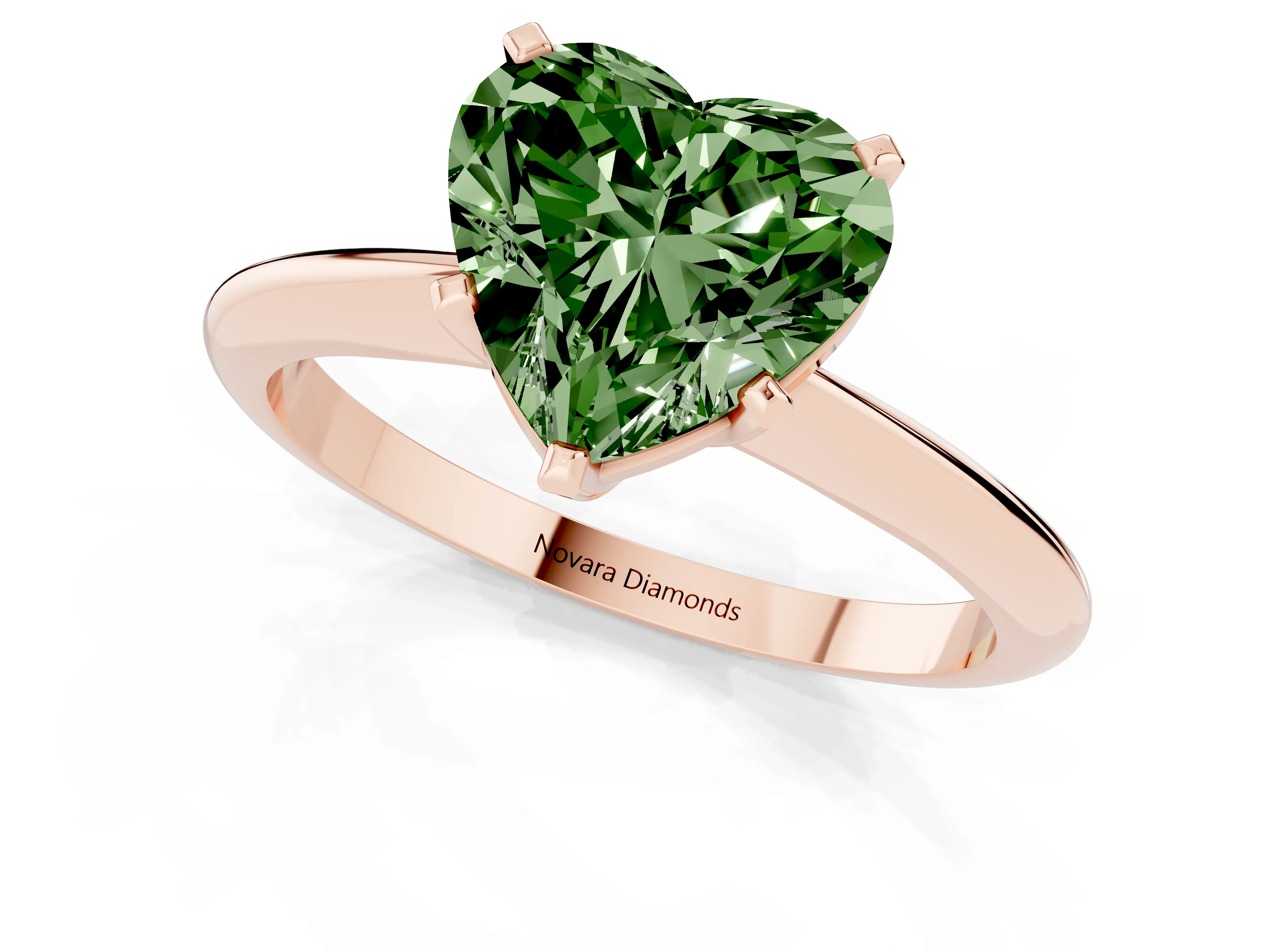 Fancy Green Heart Cut Diamond Solitaire Ring Set in Rose gold with Prong Setting on a Plain Round Band