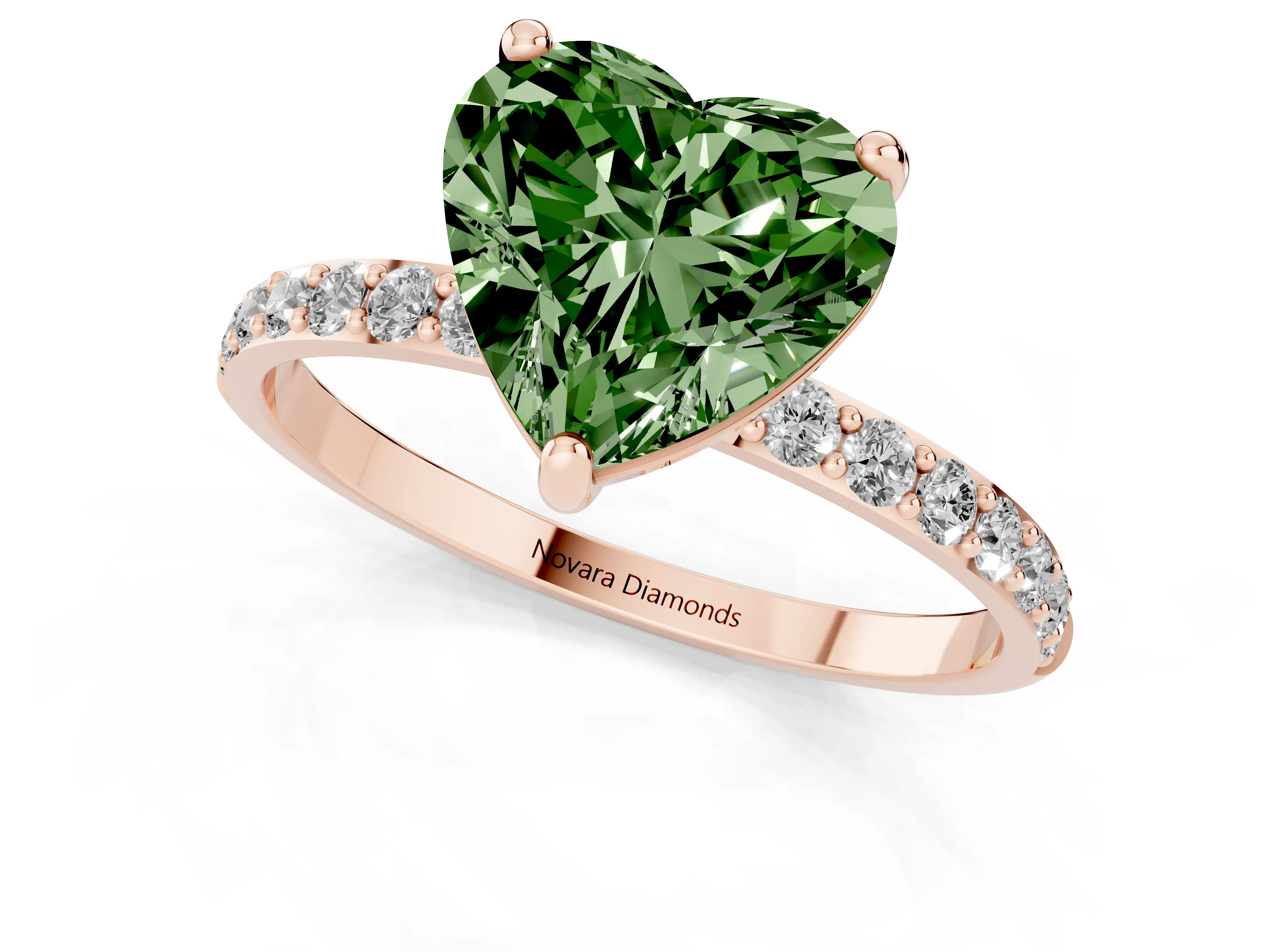 Fancy Green Heart Cut Diamond Solitaire Ring Set in Rose gold with Round Pavé Band and Prong Setting