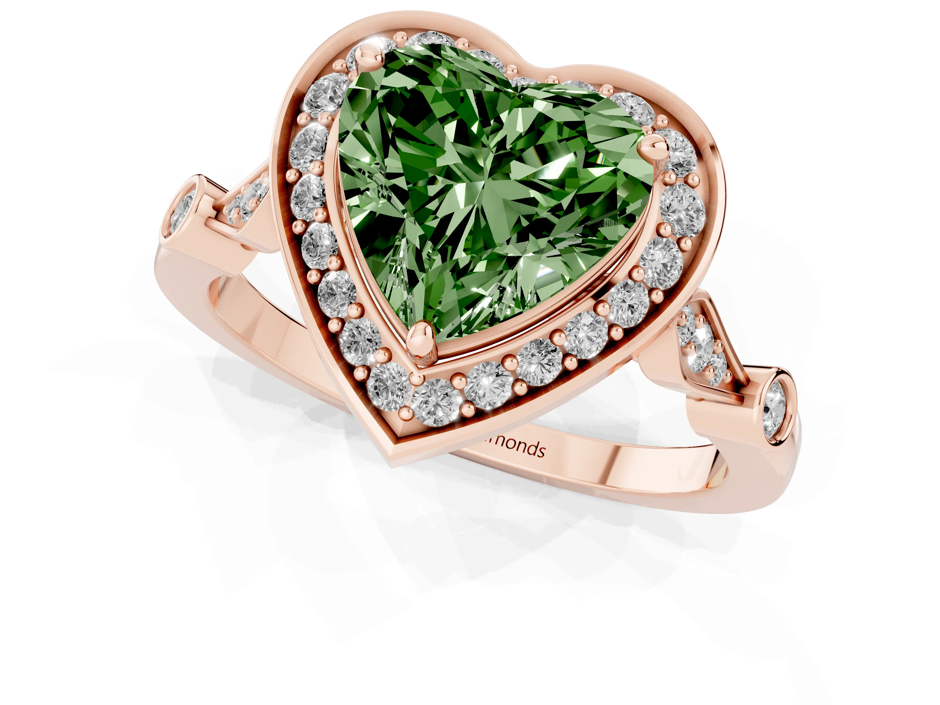 Fancy Green Heart Cut Diamond Halo Engagement Ring Set in Rose gold with Twisted Band and Prong Setting