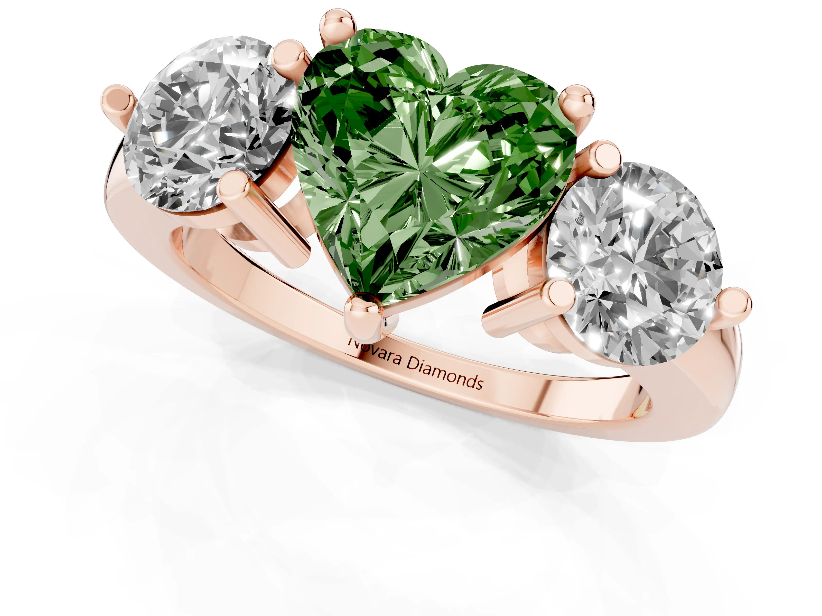 Fancy Green Heart Cut Diamond Three-Stone Ring Set in Rose gold with Prong Setting and Classic Band