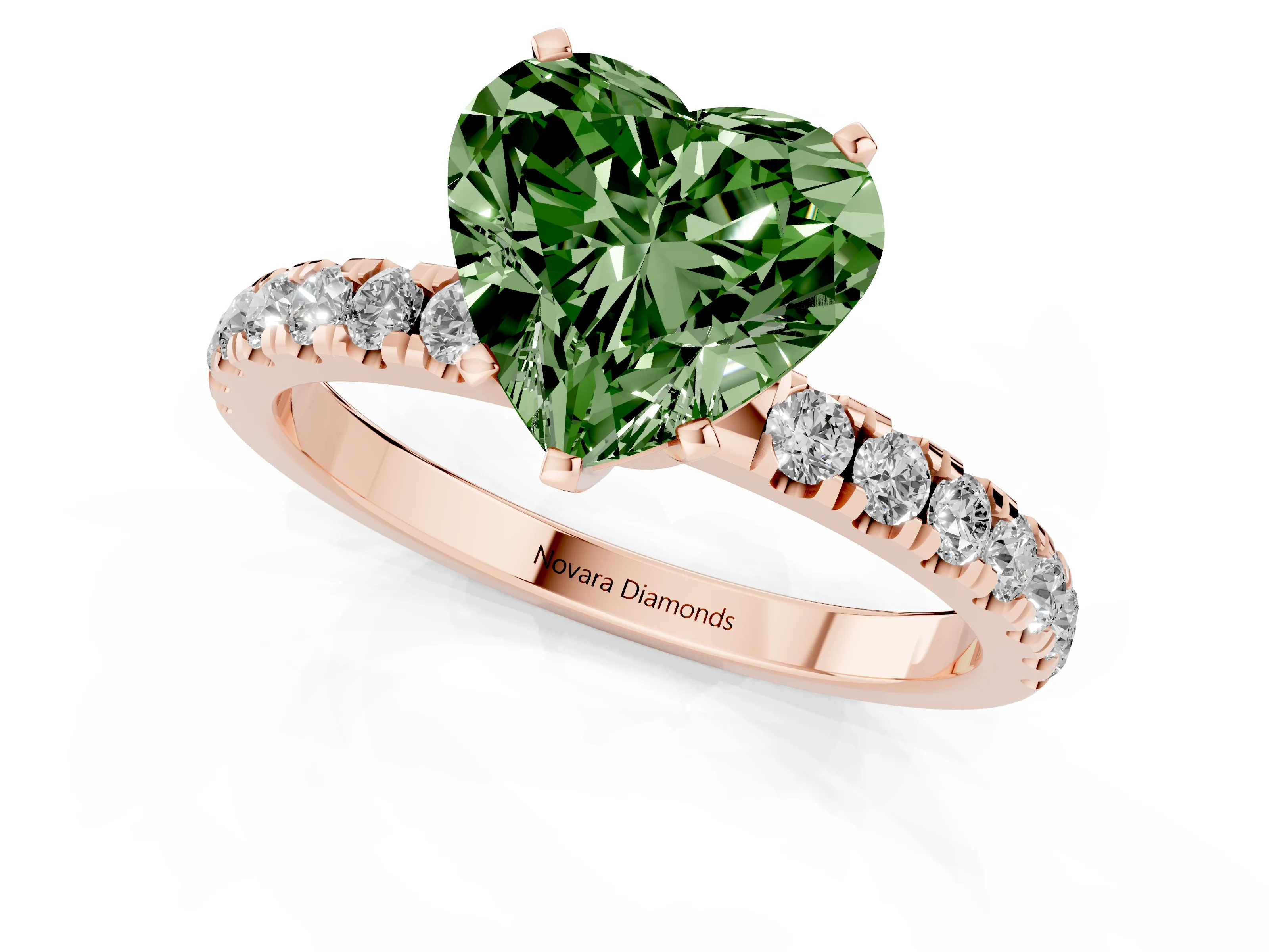 Fancy Green Heart Cut Diamond Solitaire Ring Set in Rose gold with Pavé Accents and Prong Setting