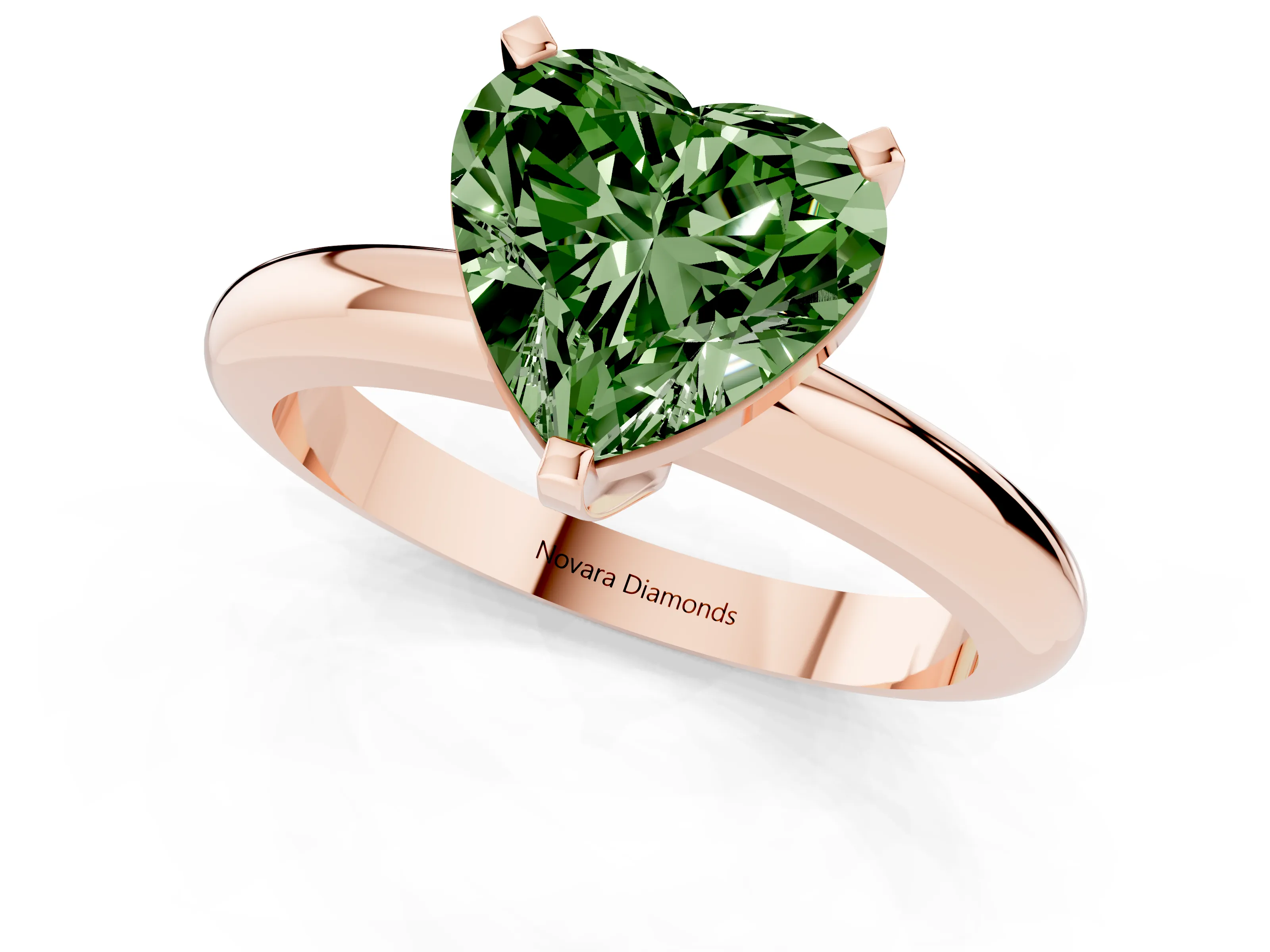 Fancy Green Heart Cut Diamond Solitaire Engagement Ring Set in Rose gold with Round Band and Prong Setting