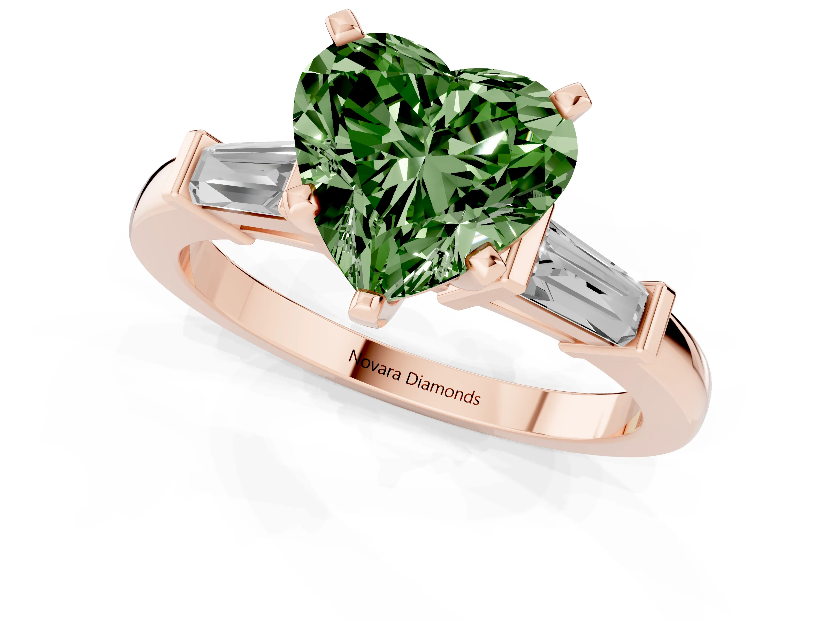 Fancy Green Heart Cut Diamond Solitaire Ring Set in Rose gold with Tapered Baguette Accents and Prong Setting
