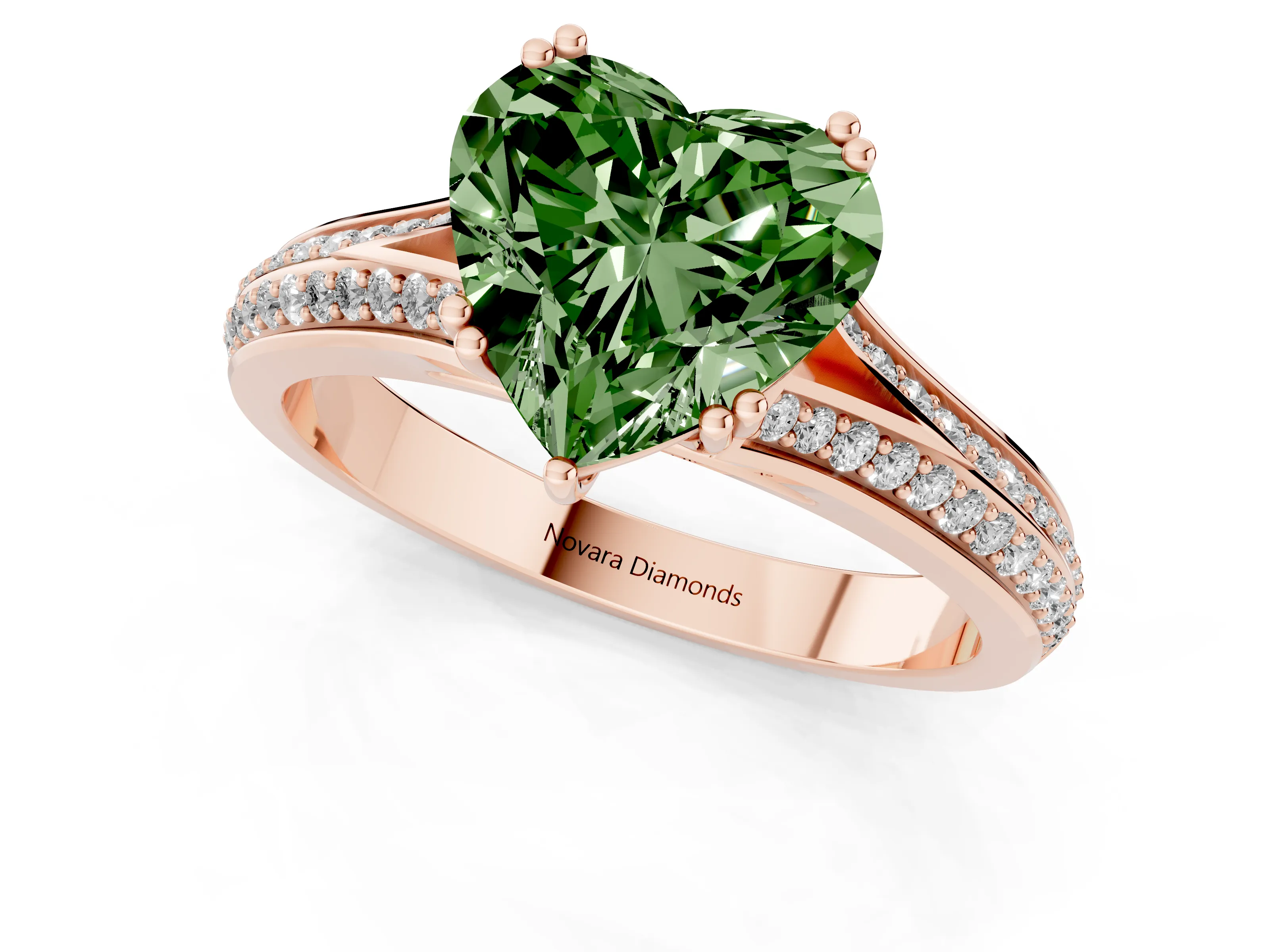 Fancy Green Heart Cut Diamond Split Shank Pavé Engagement Ring Set in Rose gold with Prong-Set Center Stone