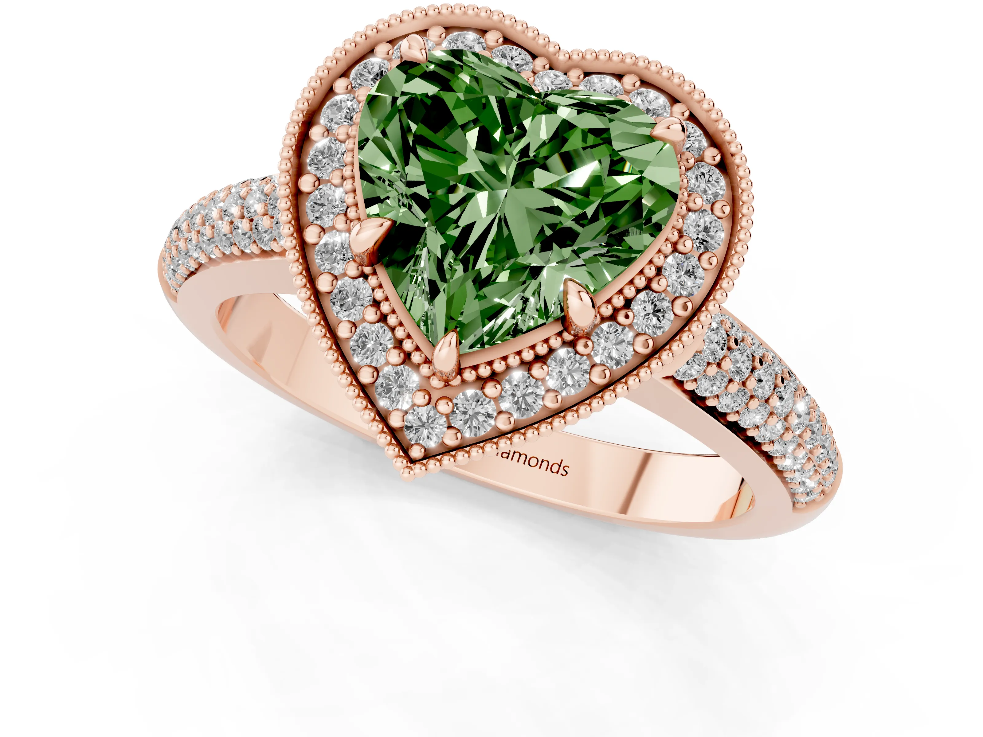 Fancy Green Heart Cut Diamond Halo Pavé Band Set in Rose gold with Prong Setting