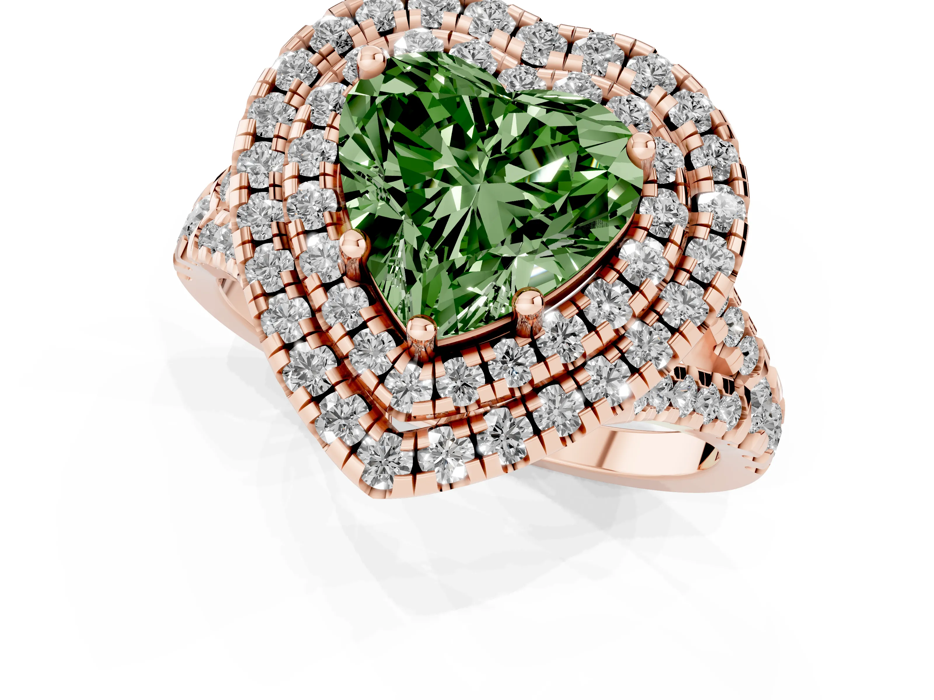 Fancy Green Heart Cut Diamond Double Halo Ring Set in Rose gold with Pavé Split Shank and Prong Setting