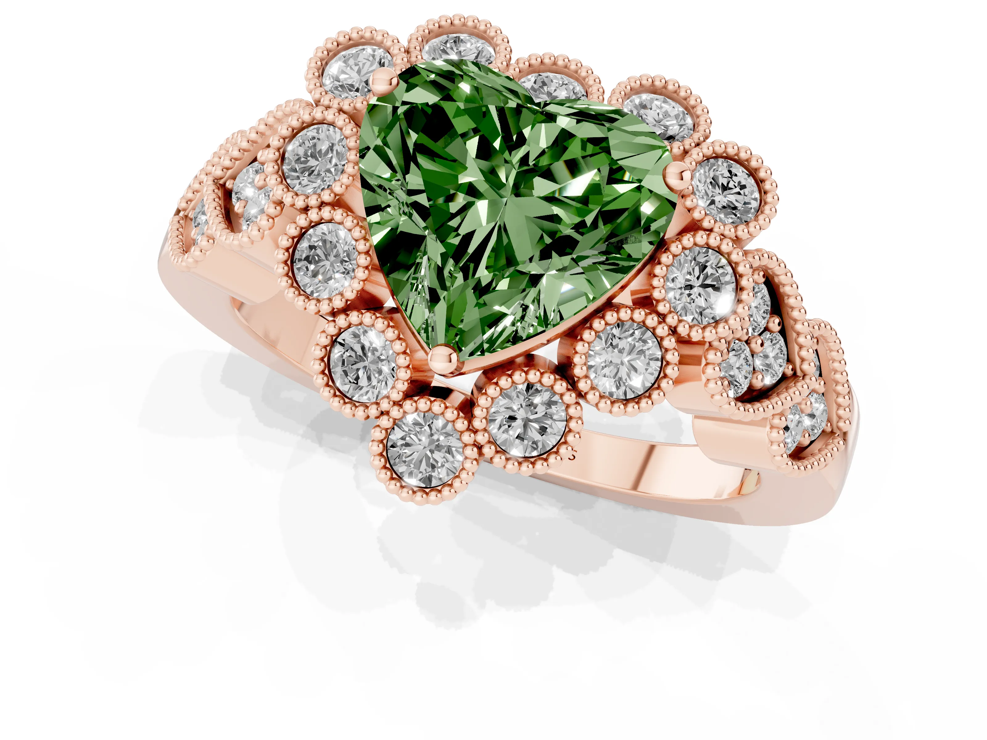 Fancy Green Heart Cut Diamond Solitaire Ring Set in Rose gold with Milgrain Pavé Heart Band