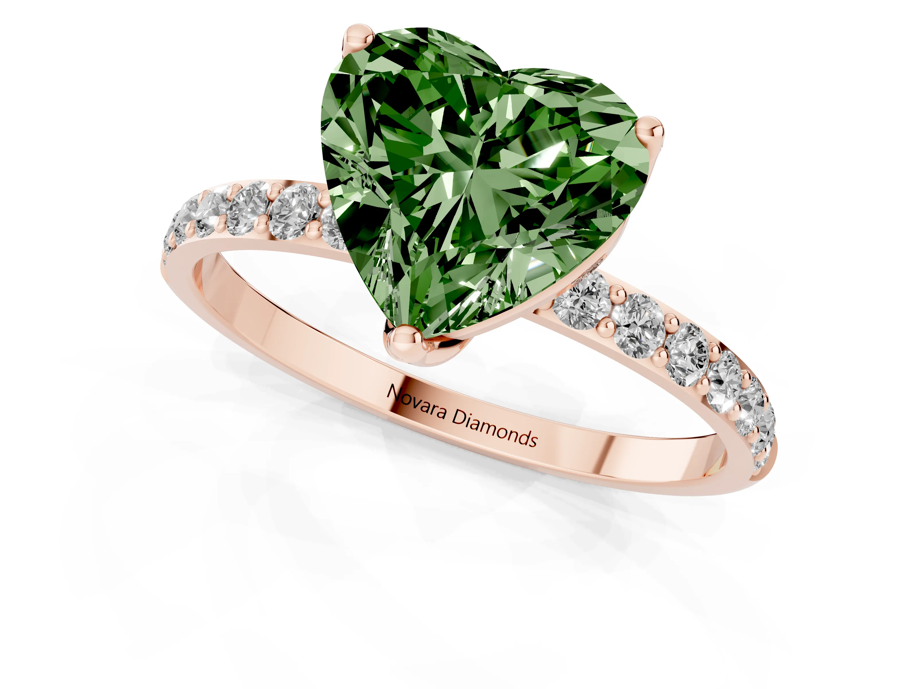 Fancy Green Heart Cut Diamond Solitaire Engagement Ring Set in Rose gold with Round Pavé Band and Prong Setting