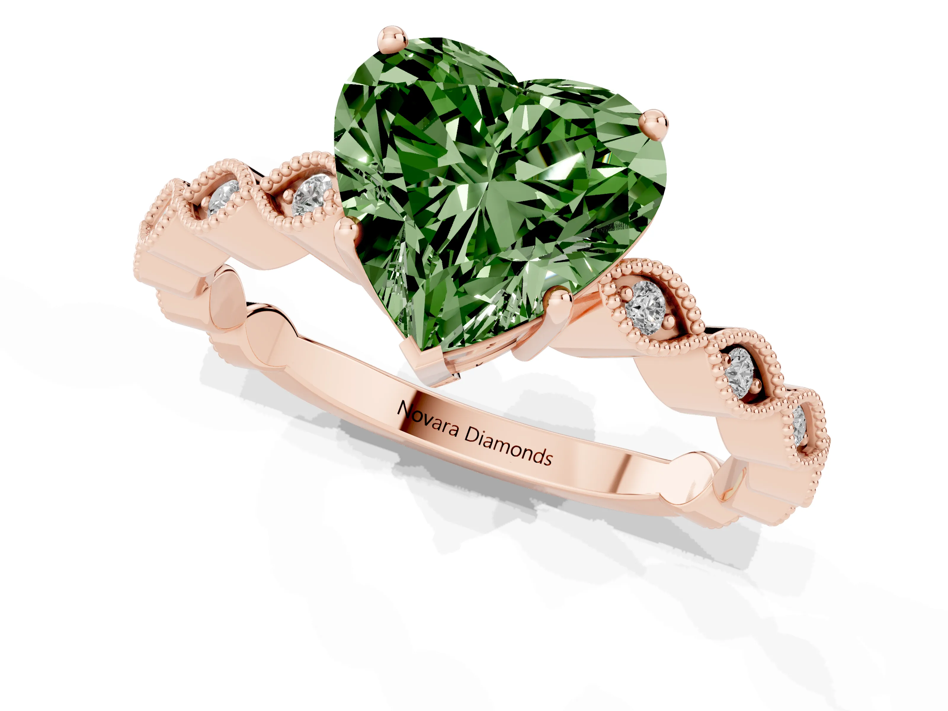 Fancy Green Heart Cut Diamond Solitaire Ring Set in Rose gold with Infinity Twist Pavé Band